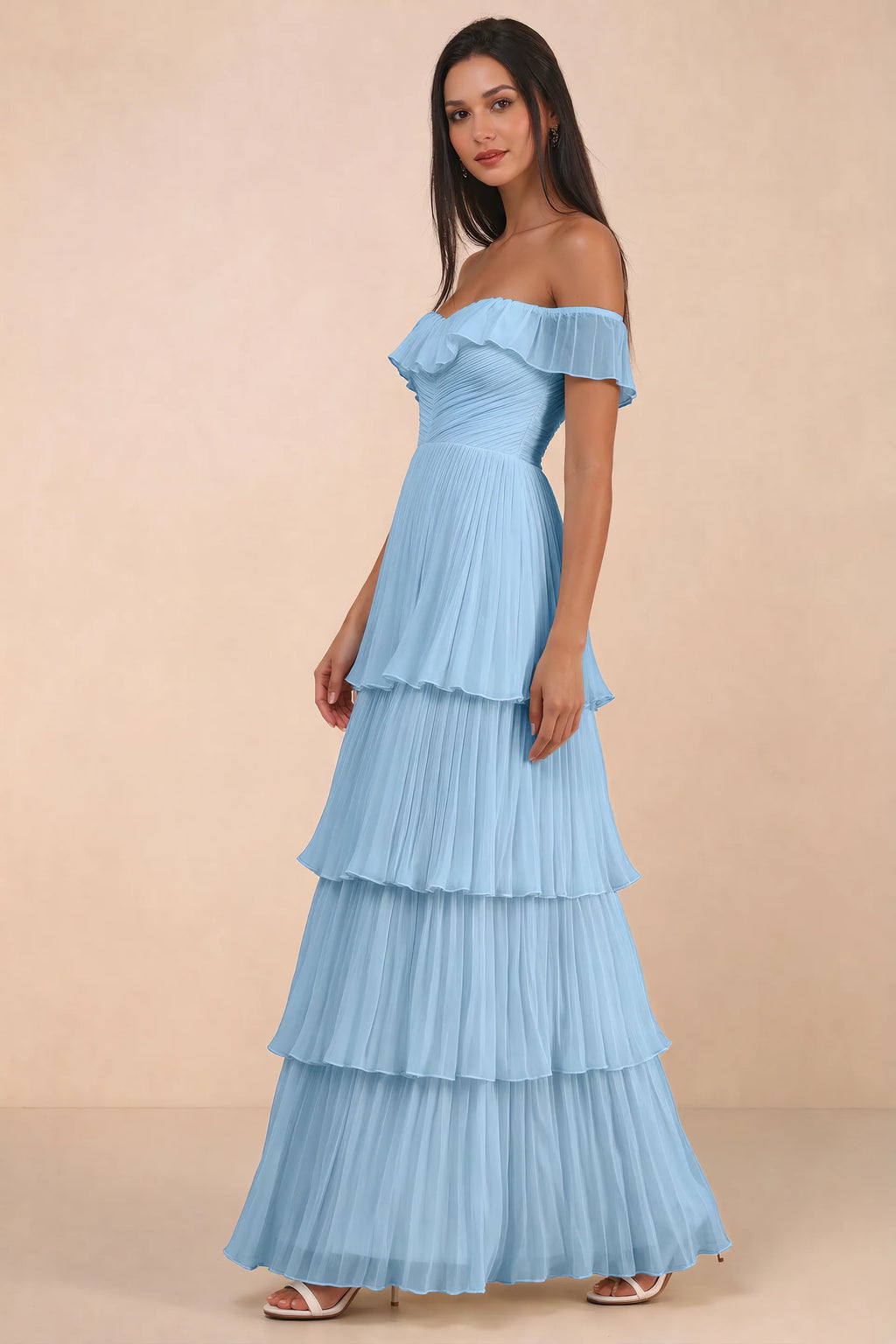 Front studio view of Seraphina steel blue tiered ruffle maxi dress with a long flowing skirt