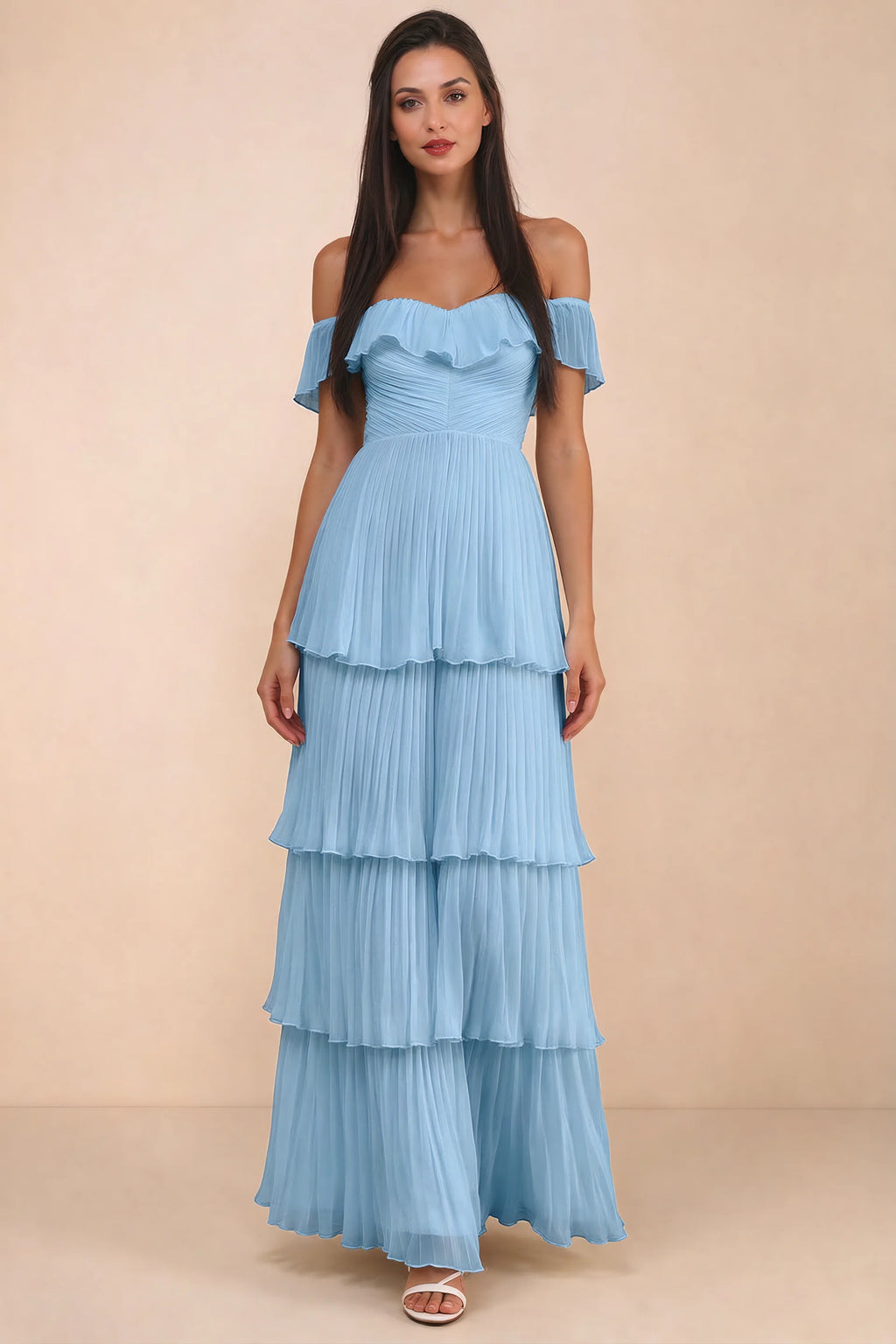 Alternate front studio view of Seraphina steel blue tiered ruffle maxi dress with a long flowing skirt
