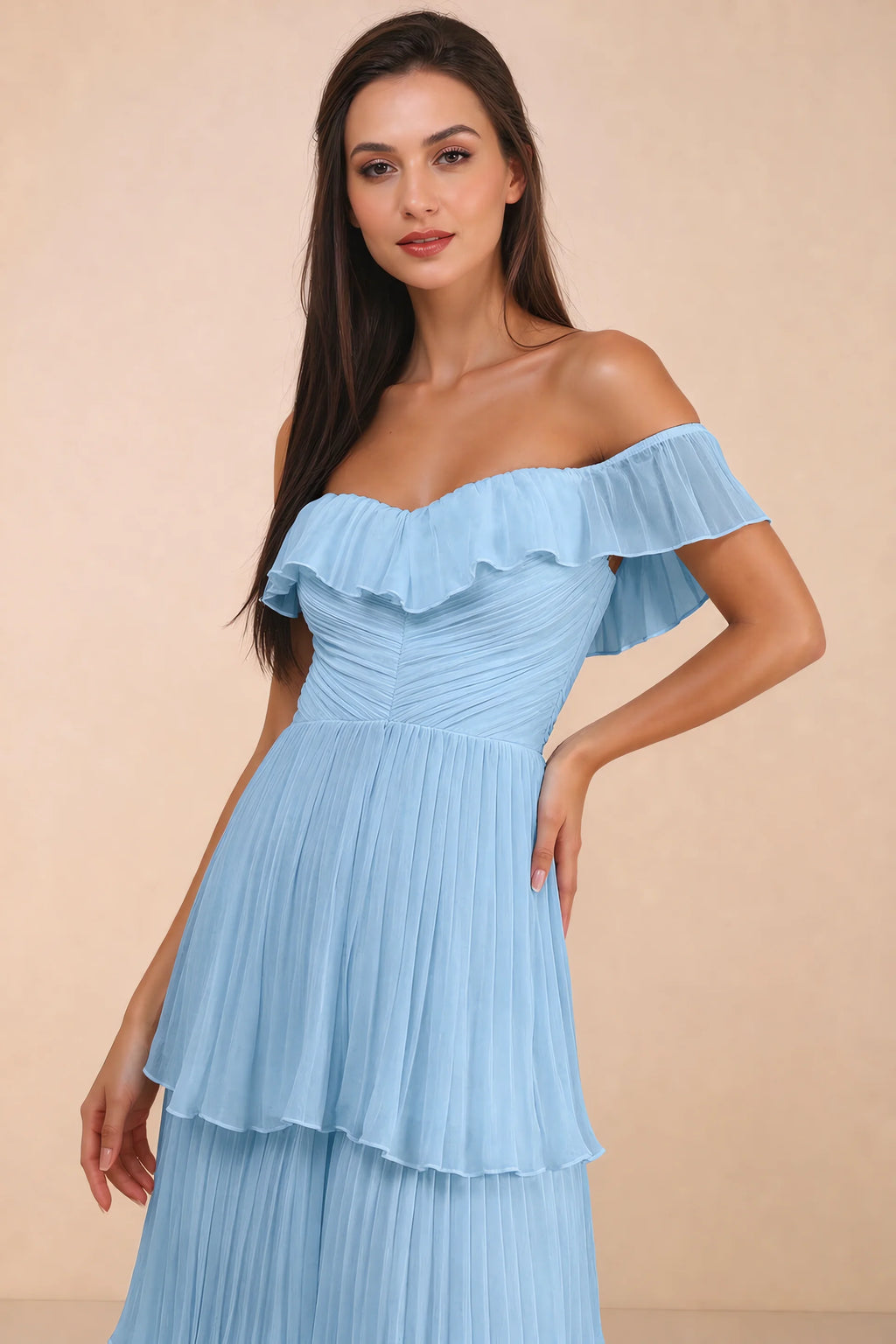 Close-up of shallow sweetheart neckline and off-shoulder ruffle and tiered skirt of Seraphina steel blue tiered ruffle maxi dress