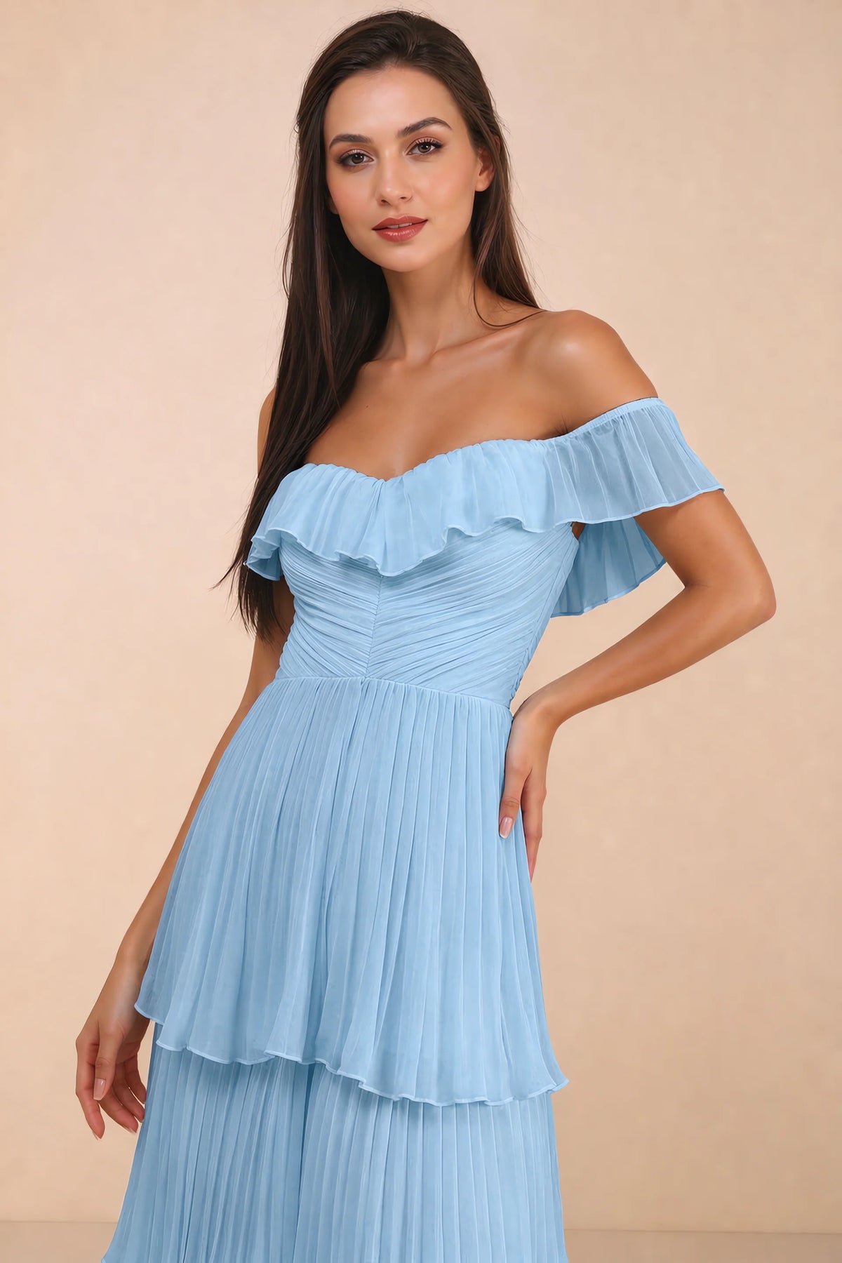 Close-up of shallow sweetheart neckline and off-shoulder ruffle and tiered skirt of Seraphina steel blue tiered ruffle maxi dress