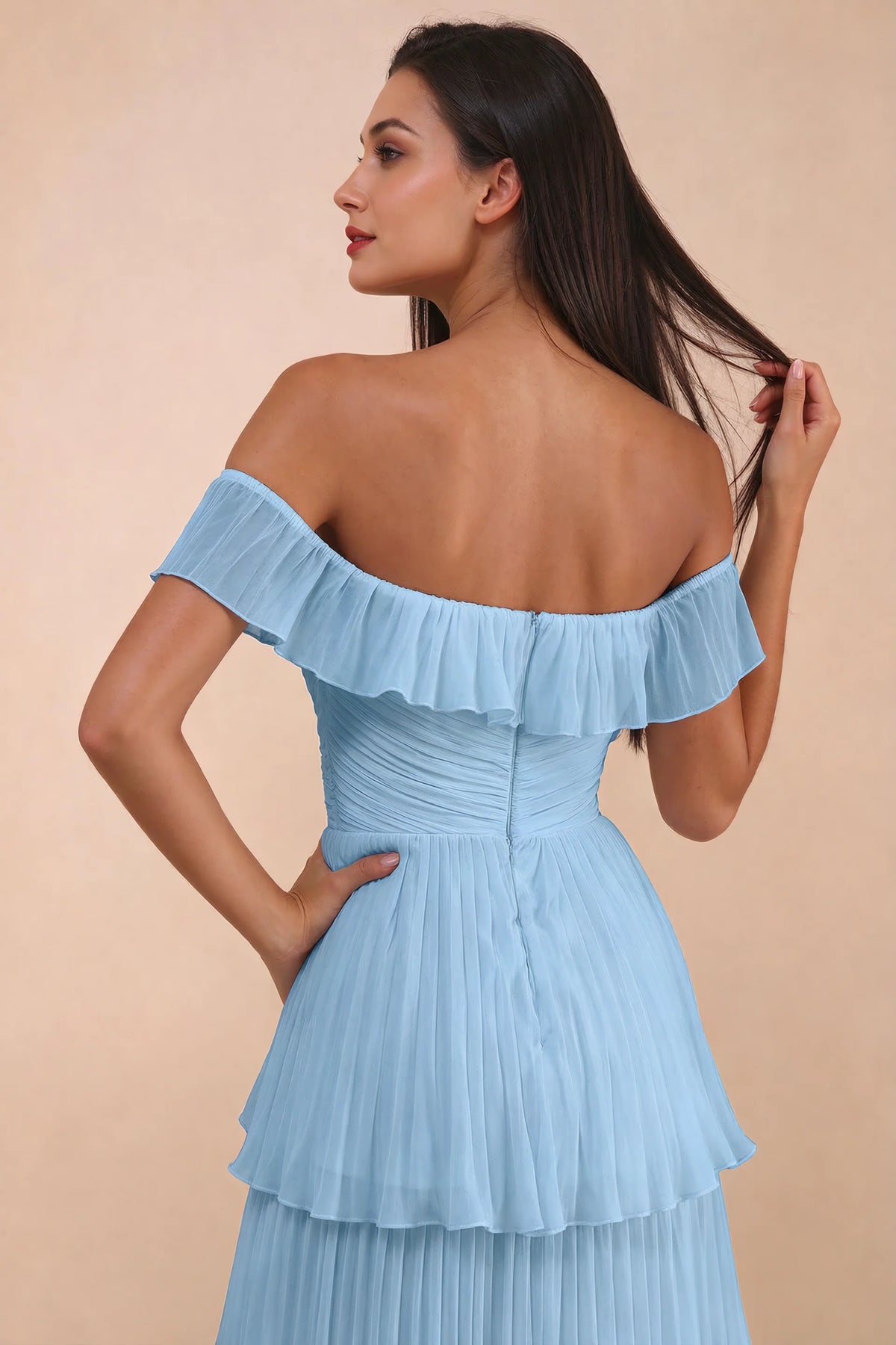 Close-up of back neckline ruffle, ruching and centre-back zipper of Seraphina steel blue tiered ruffle maxi dress