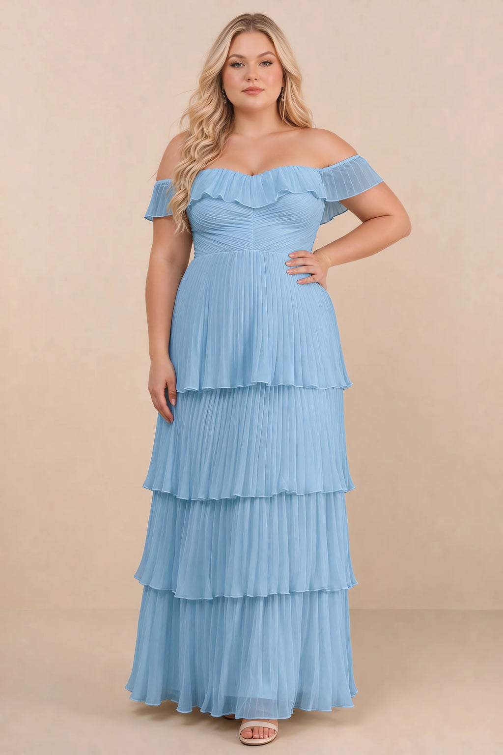 Front view on a second model of Seraphina steel blue tiered ruffle maxi dress with a long flowing skirt