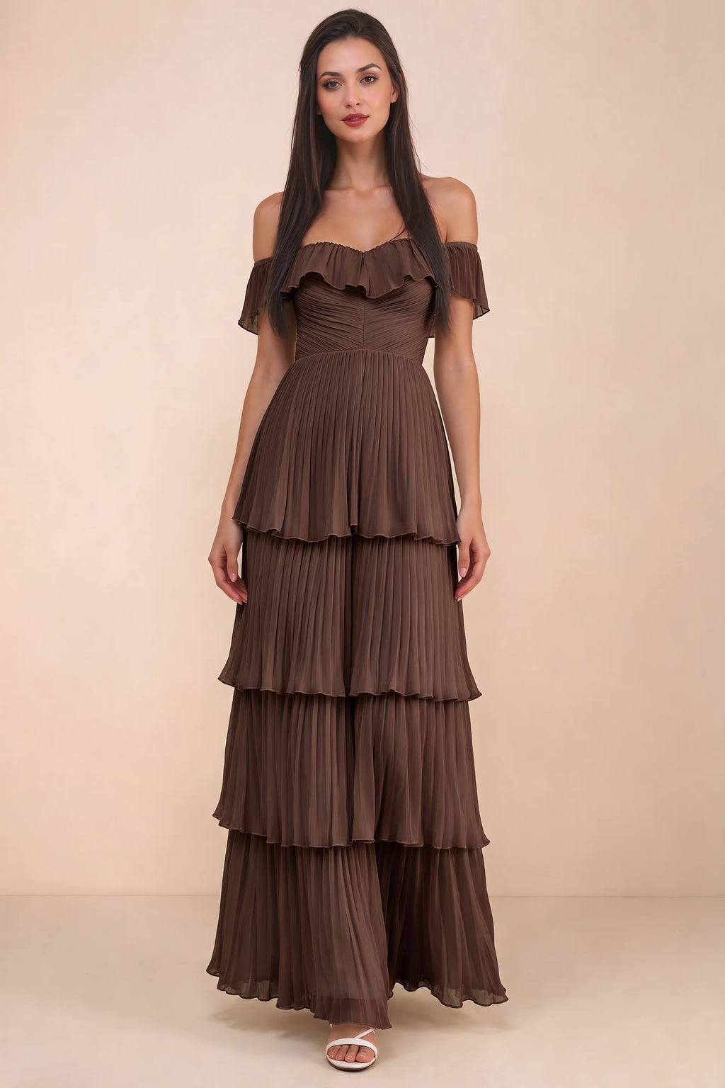 Front studio view of Seraphina truffle tiered ruffle maxi dress with a long flowing skirt