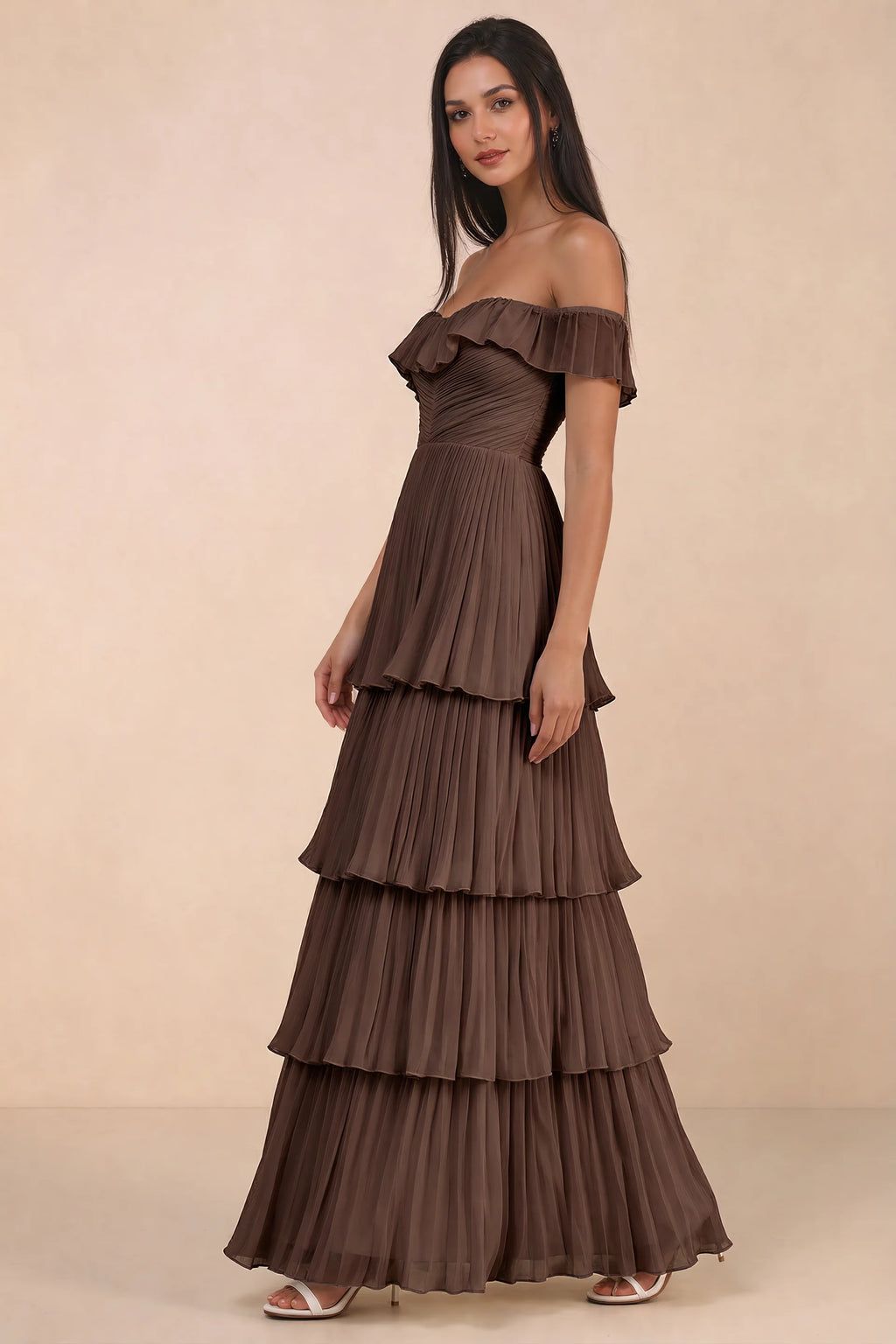 Alternate front studio view of Seraphina truffle tiered ruffle maxi dress with a long flowing skirt