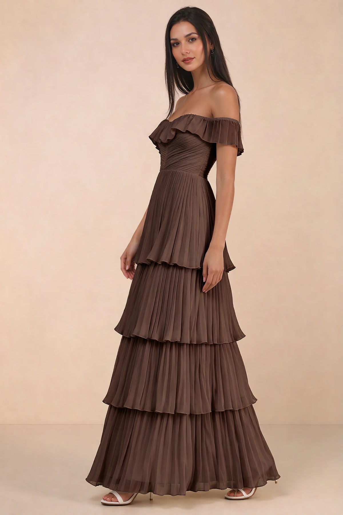 Alternate front studio view of Seraphina truffle tiered ruffle maxi dress with a long flowing skirt