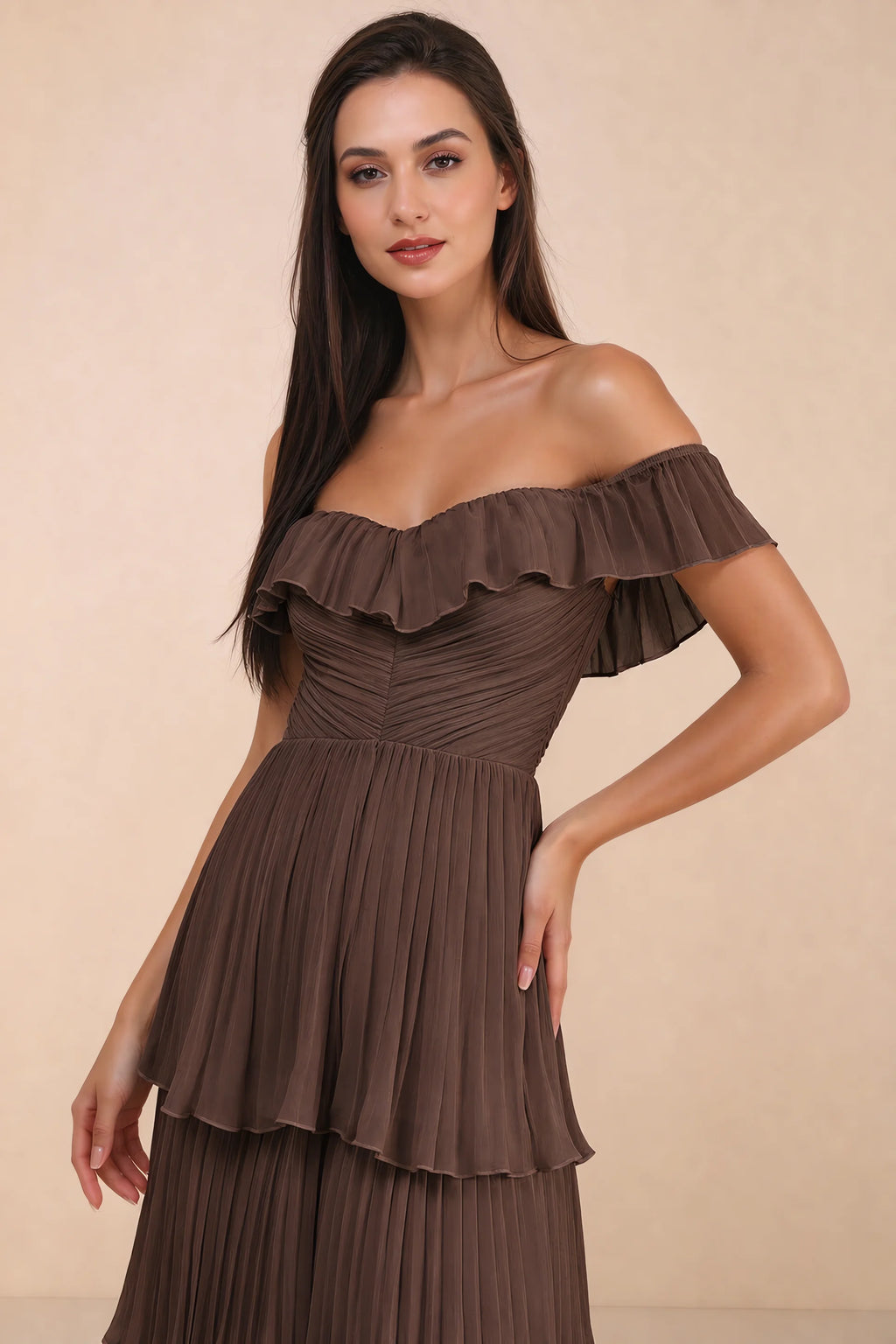 Close-up of shallow sweetheart neckline and off-shoulder ruffle and tiered skirt of Seraphina truffle tiered ruffle maxi dress