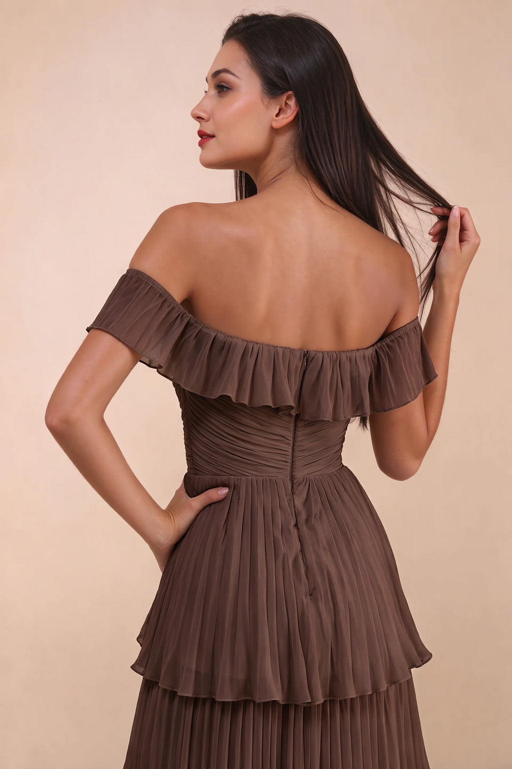 Close-up of back neckline ruffle, ruching and centre-back zipper of Seraphina truffle tiered ruffle maxi dress