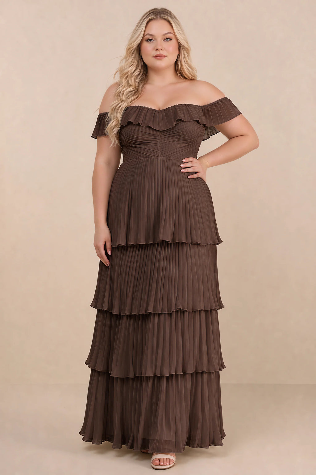 Front view on a second model of Seraphina truffle tiered ruffle maxi dress with a long flowing skirt