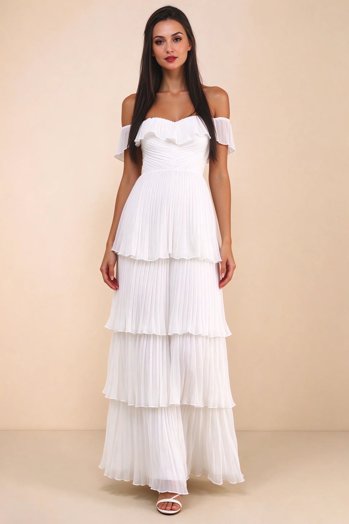 Front studio view of Seraphina white tiered ruffle maxi dress with a long flowing skirt