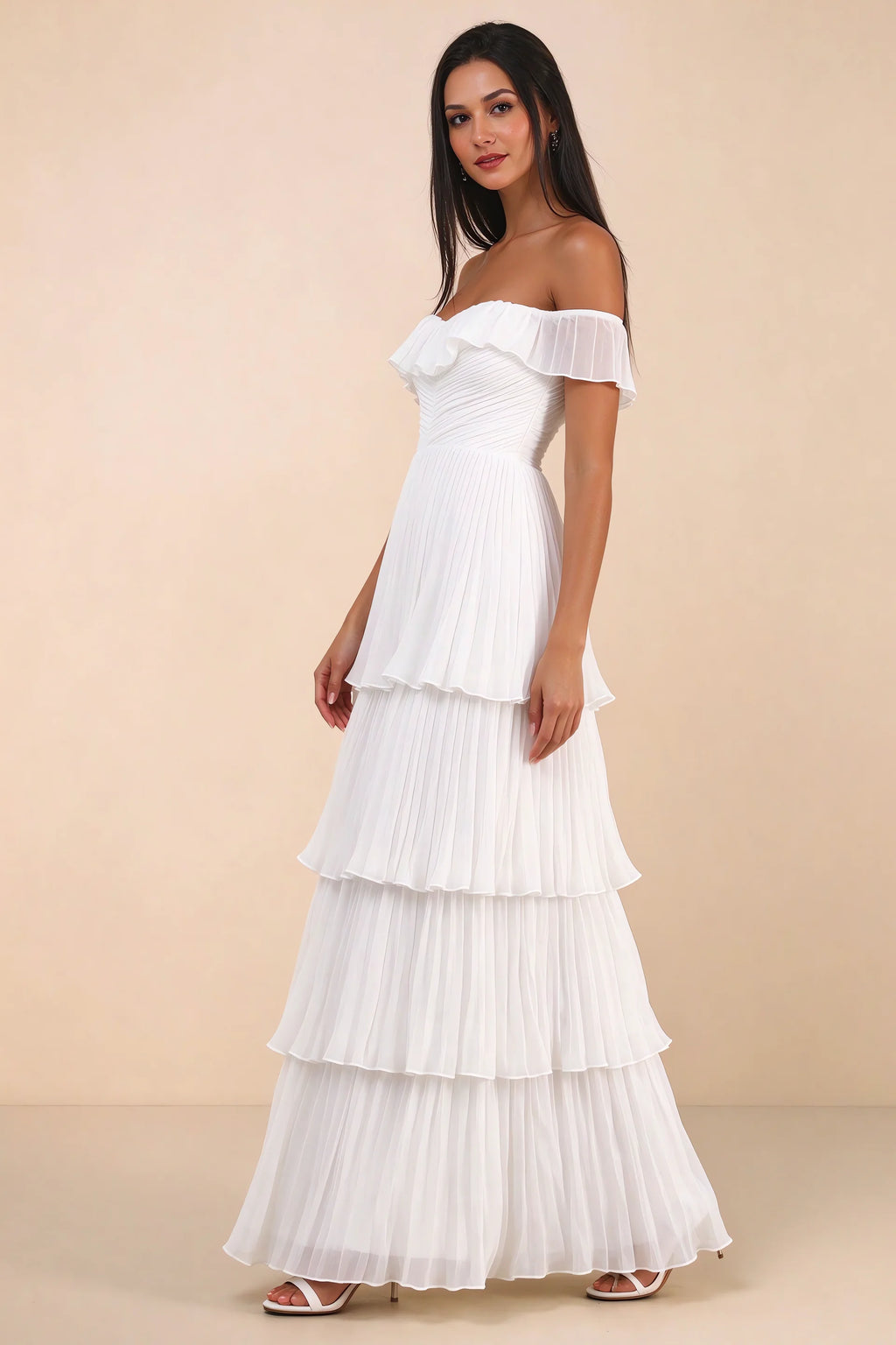 Alternate front studio view of Seraphina white tiered ruffle maxi dress with a long flowing skirt