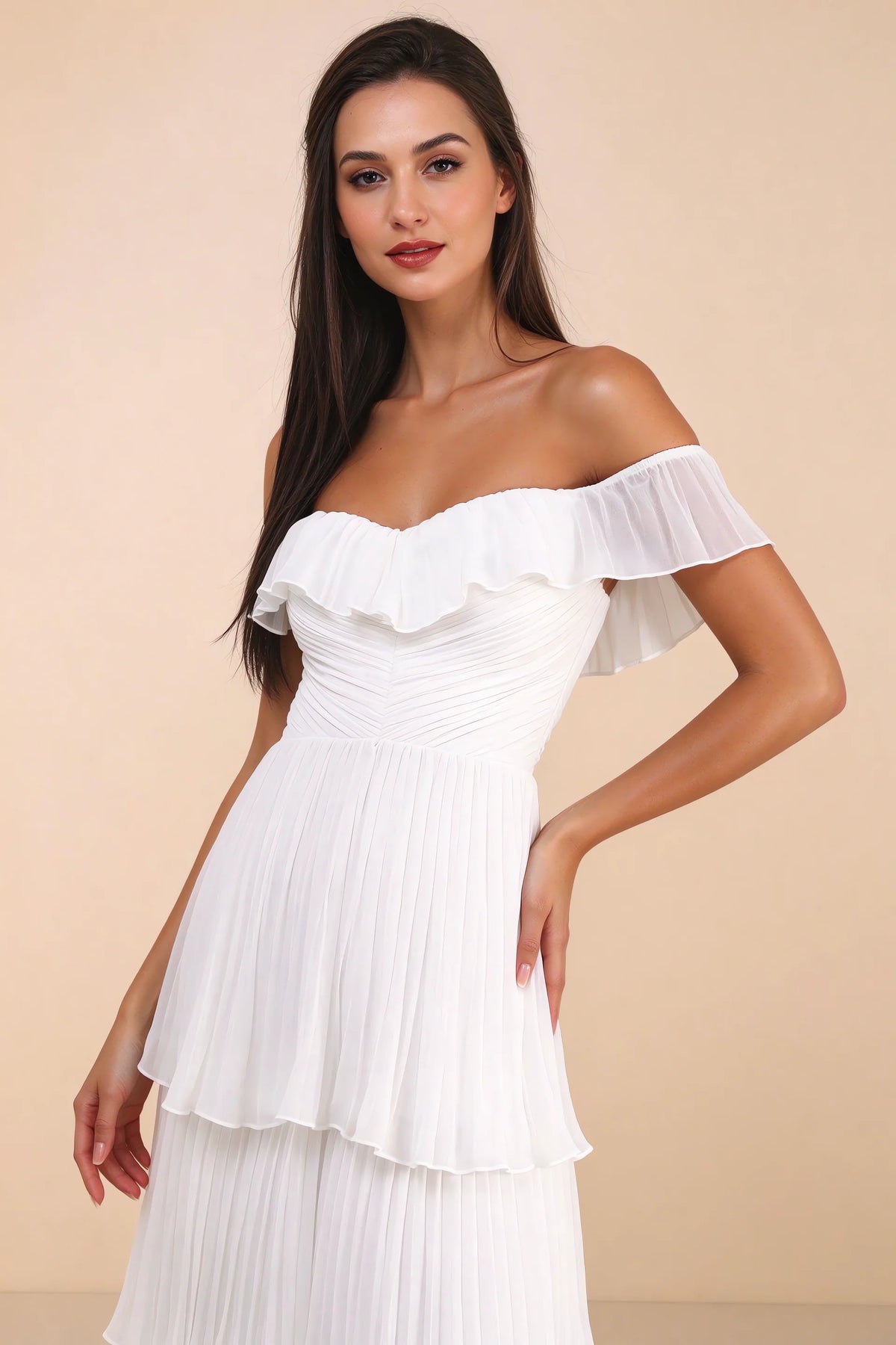 Close-up of shallow sweetheart neckline and off-shoulder ruffle and tiered skirt of Seraphina white tiered ruffle maxi dress