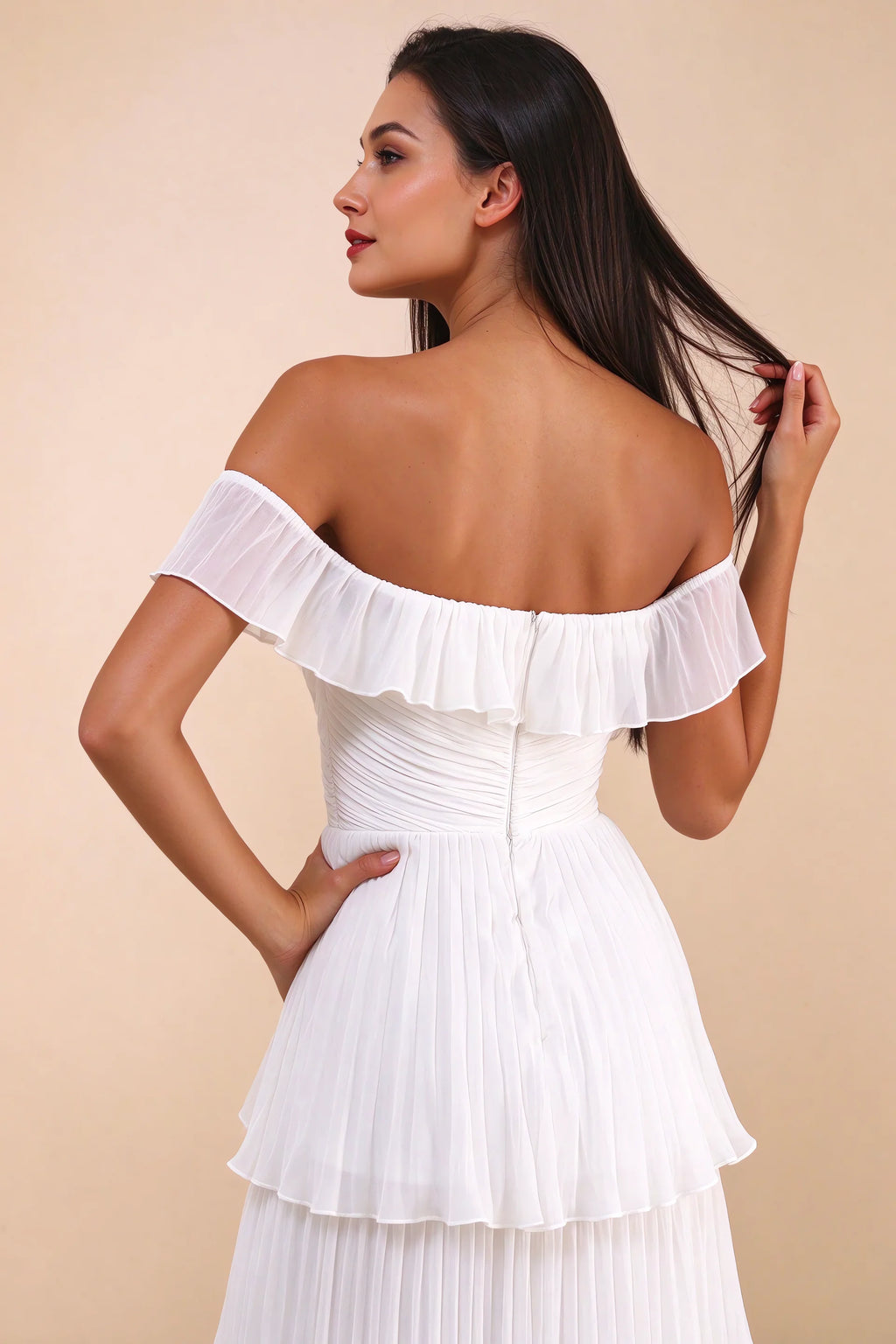 Close-up of back neckline ruffle, ruching and centre-back zipper of Seraphina white tiered ruffle maxi dress
