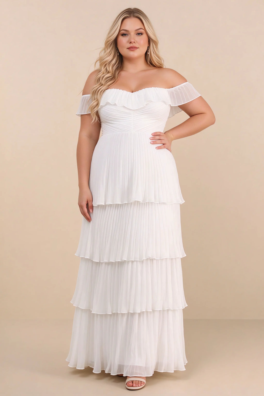 Front view on a second model of Seraphina white tiered ruffle maxi dress with a long flowing skirt