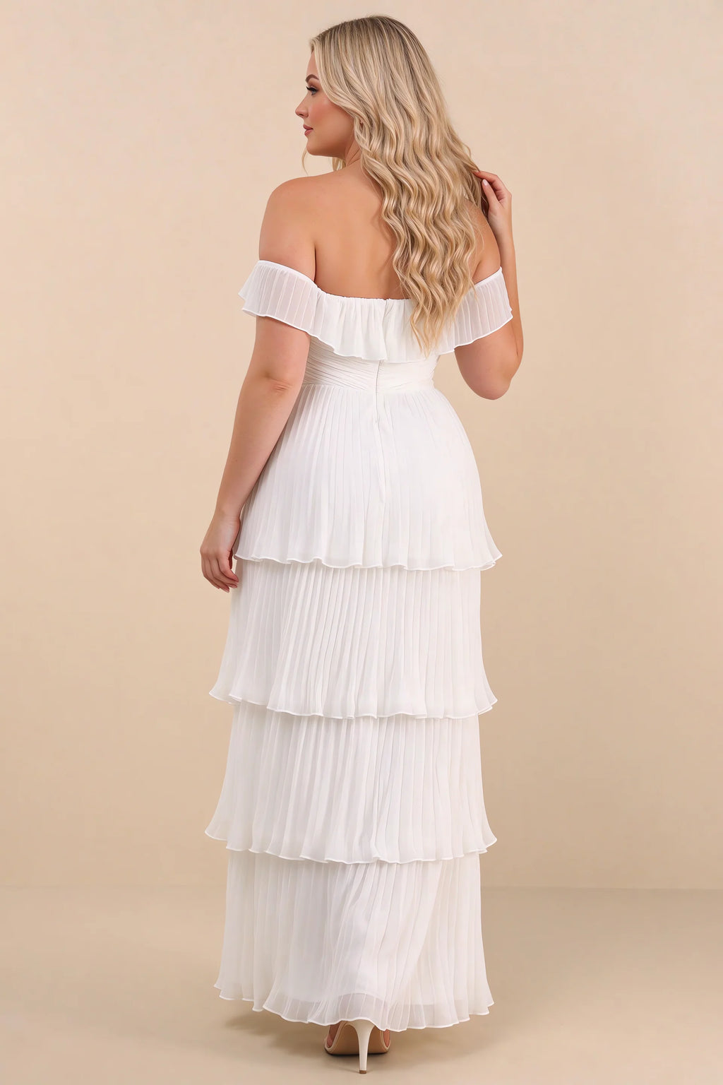 Rear view on a second model of Seraphina white tiered ruffle maxi dress with a long flowing skirt