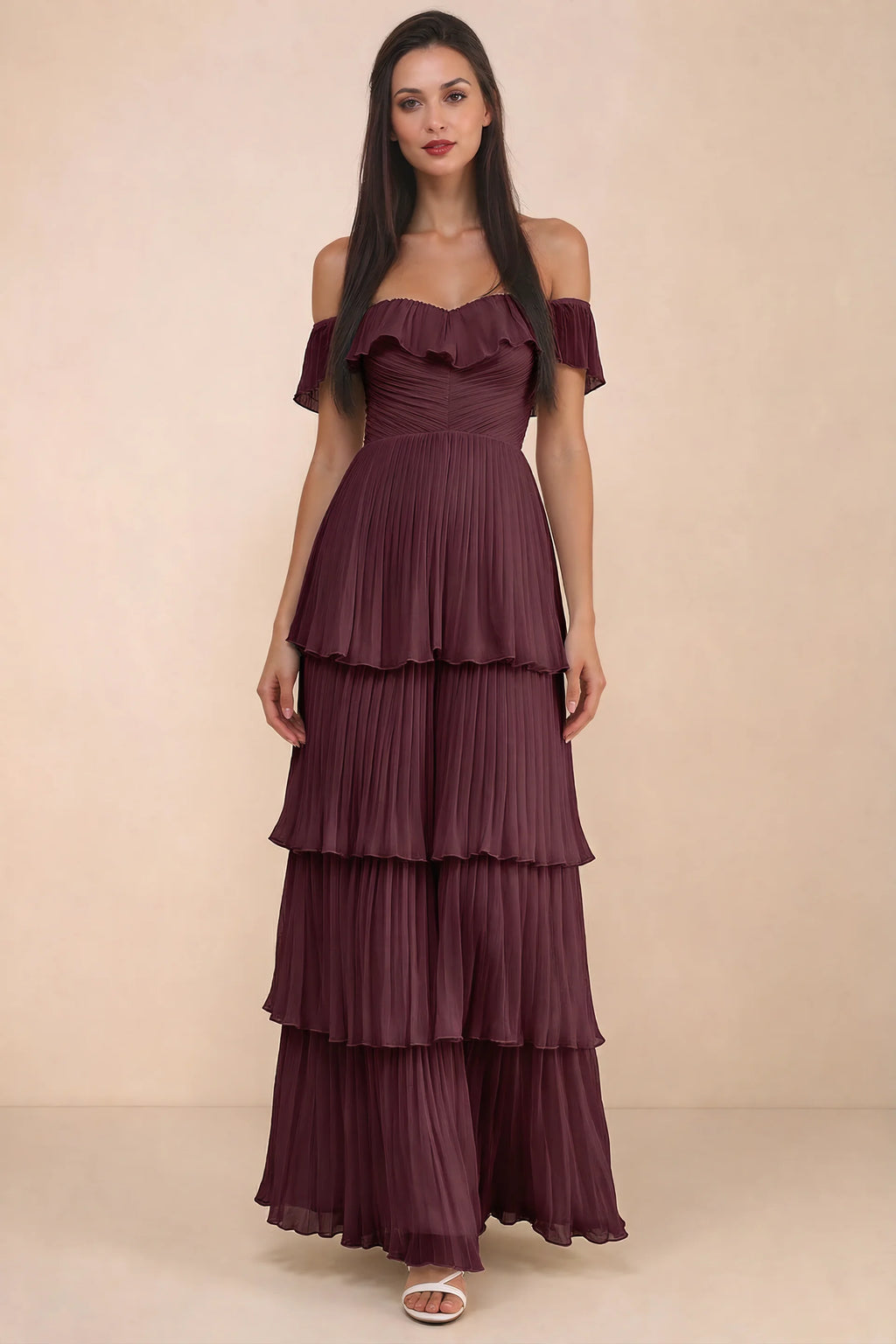 Front studio view of Seraphina wine tiered ruffle maxi dress with a long flowing skirt