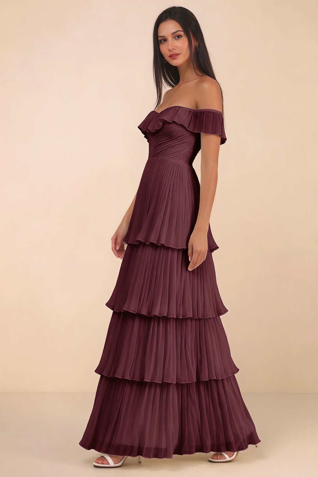 Alternate front studio view of Seraphina wine tiered ruffle maxi dress with a long flowing skirt