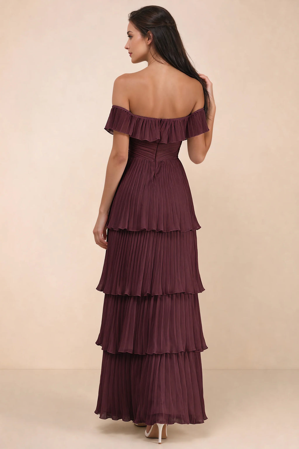 Rear studio view of Seraphina wine tiered ruffle maxi dress with a long flowing skirt