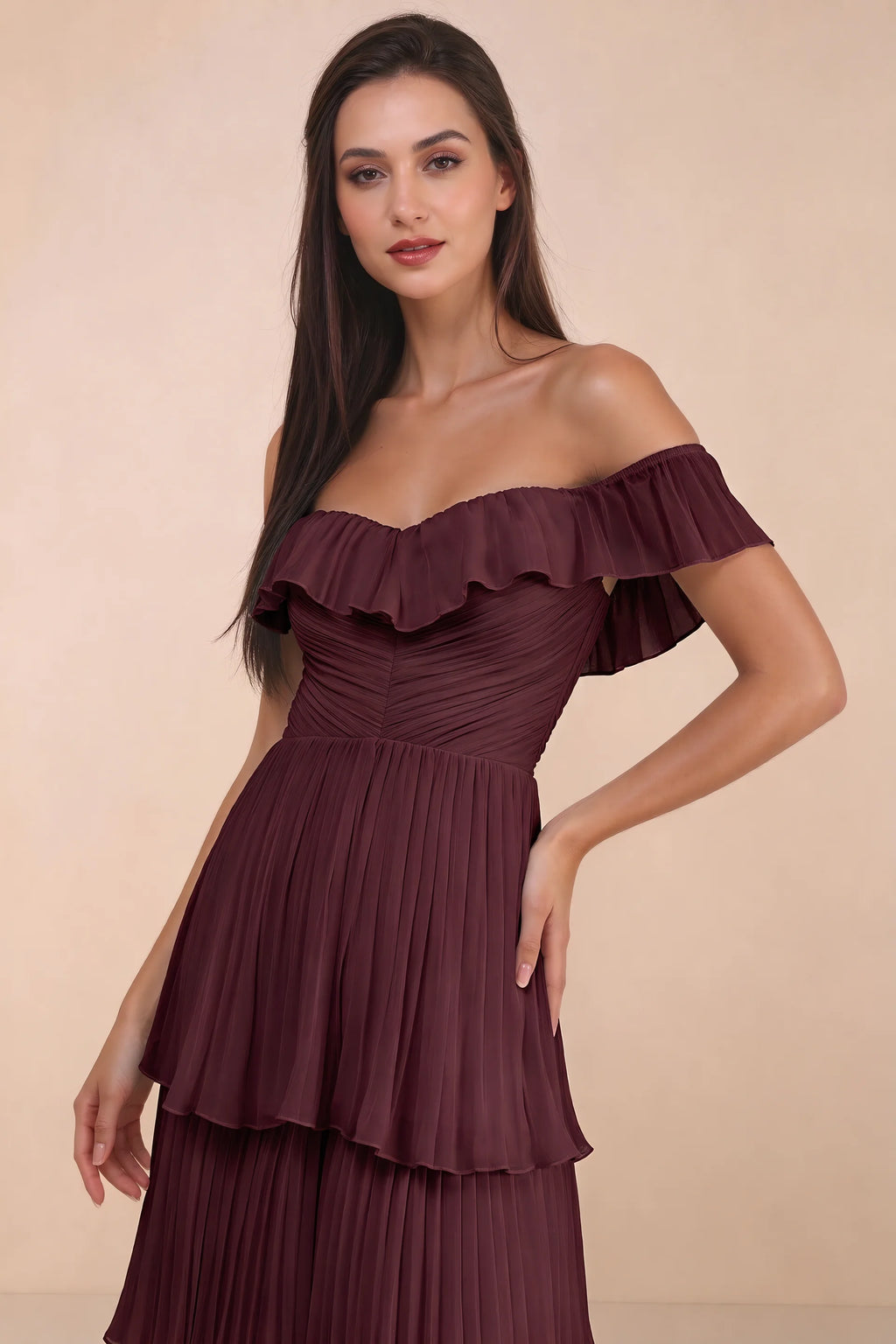 Close-up of shallow sweetheart neckline and off-shoulder ruffle and tiered skirt of Seraphina wine tiered ruffle maxi dress