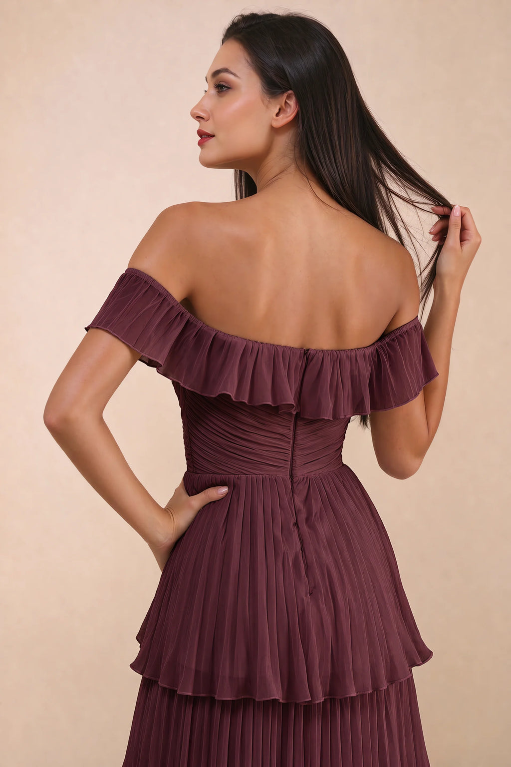Close-up of back neckline ruffle, ruching and centre-back zipper of Seraphina wine tiered ruffle maxi dress