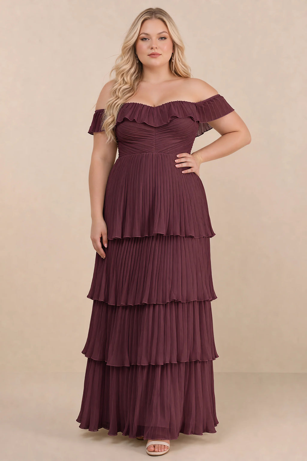 Front view on a second model of Seraphina wine tiered ruffle maxi dress with a long flowing skirt