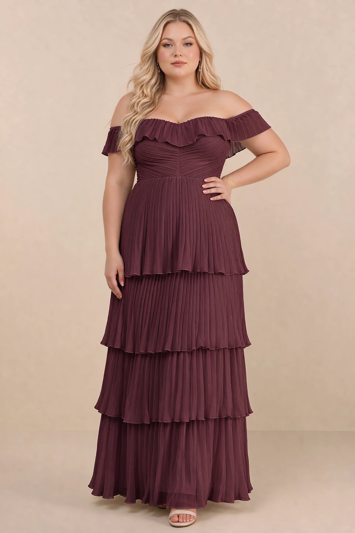 Front view on a second model of Seraphina wine tiered ruffle maxi dress with a long flowing skirt