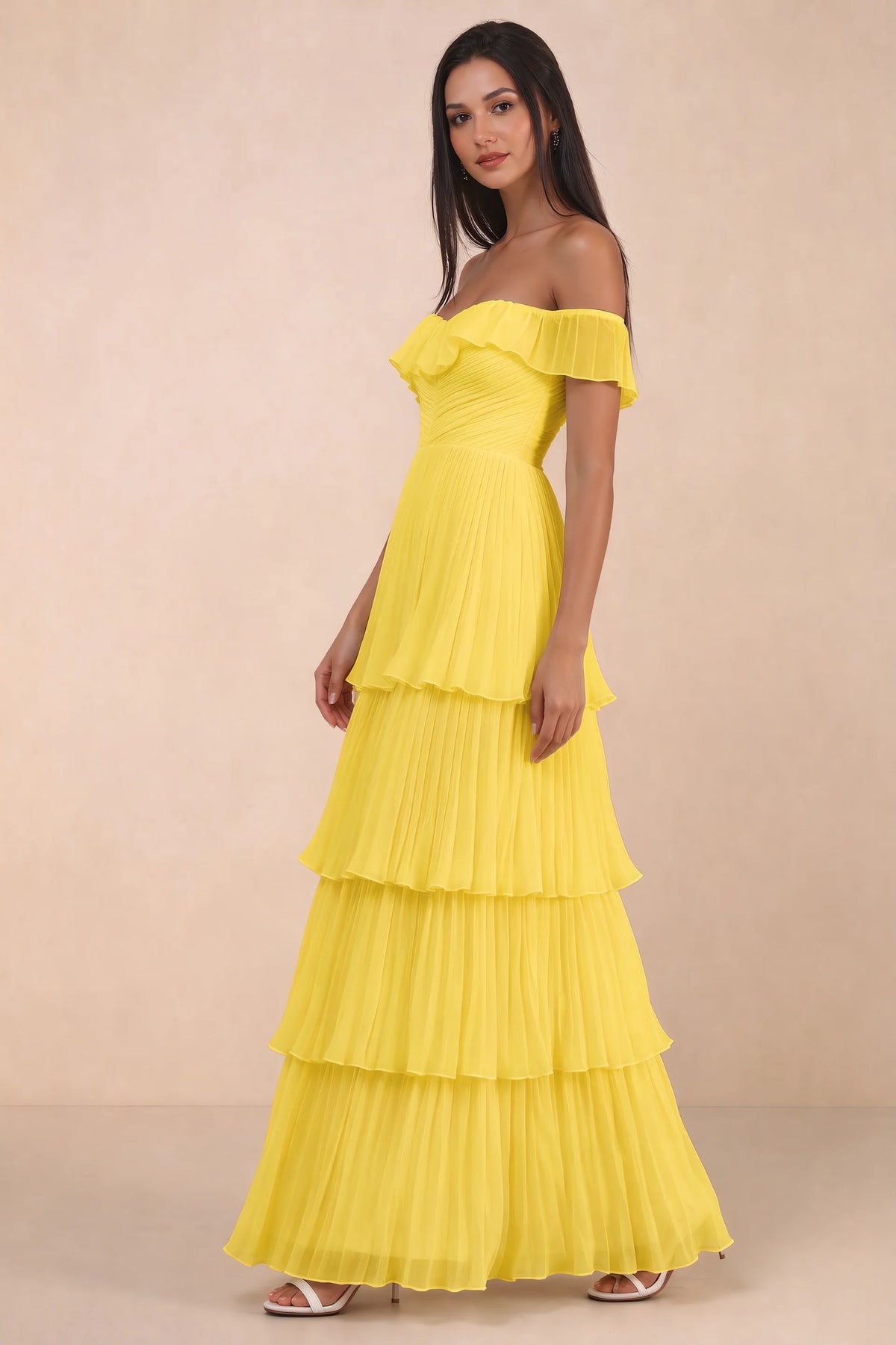 Alternate front studio view of Seraphina yellow tiered ruffle maxi dress with a long flowing skirt