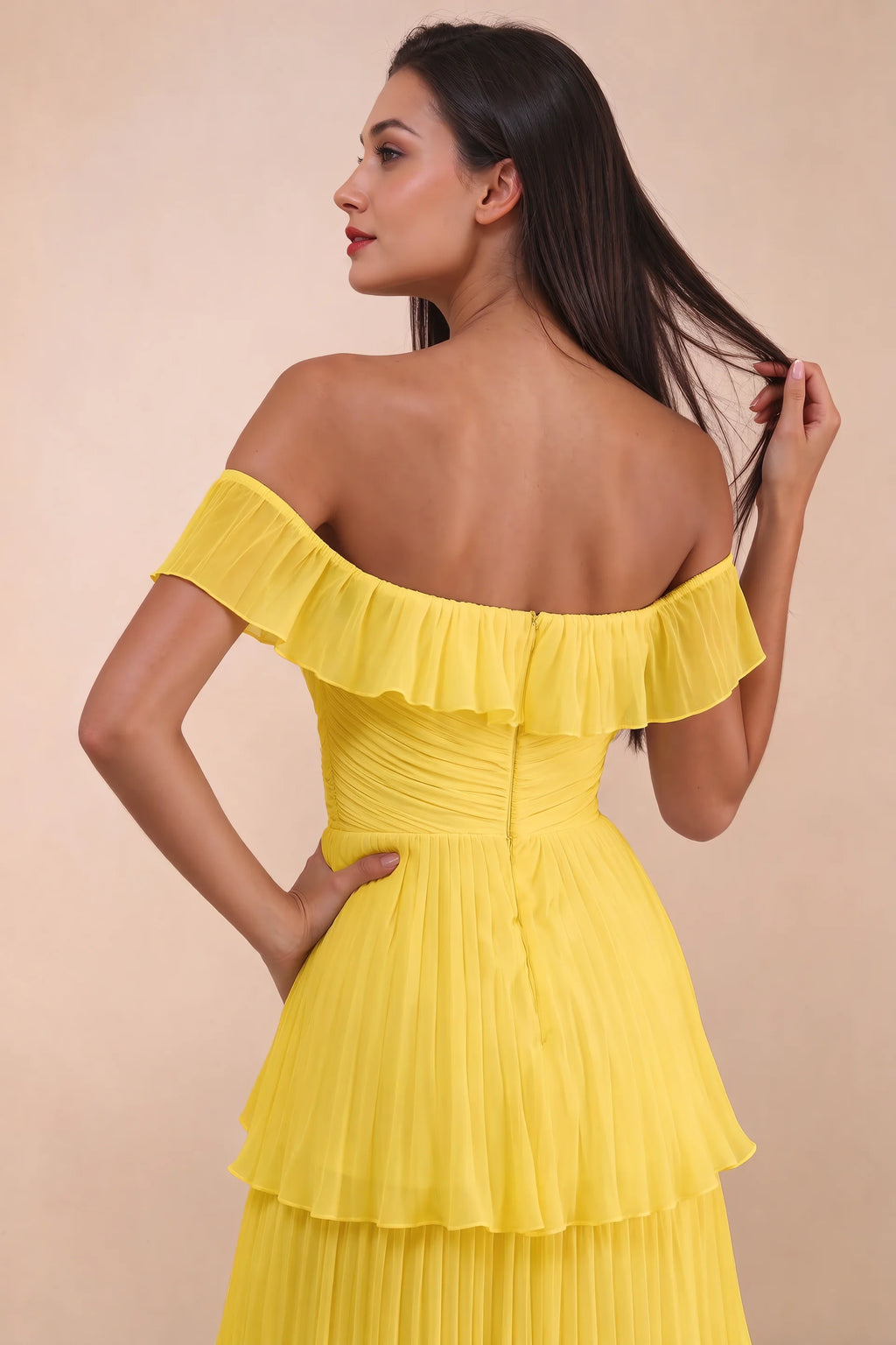 Close-up of back neckline ruffle, ruching and centre-back zipper of Seraphina yellow tiered ruffle maxi dress