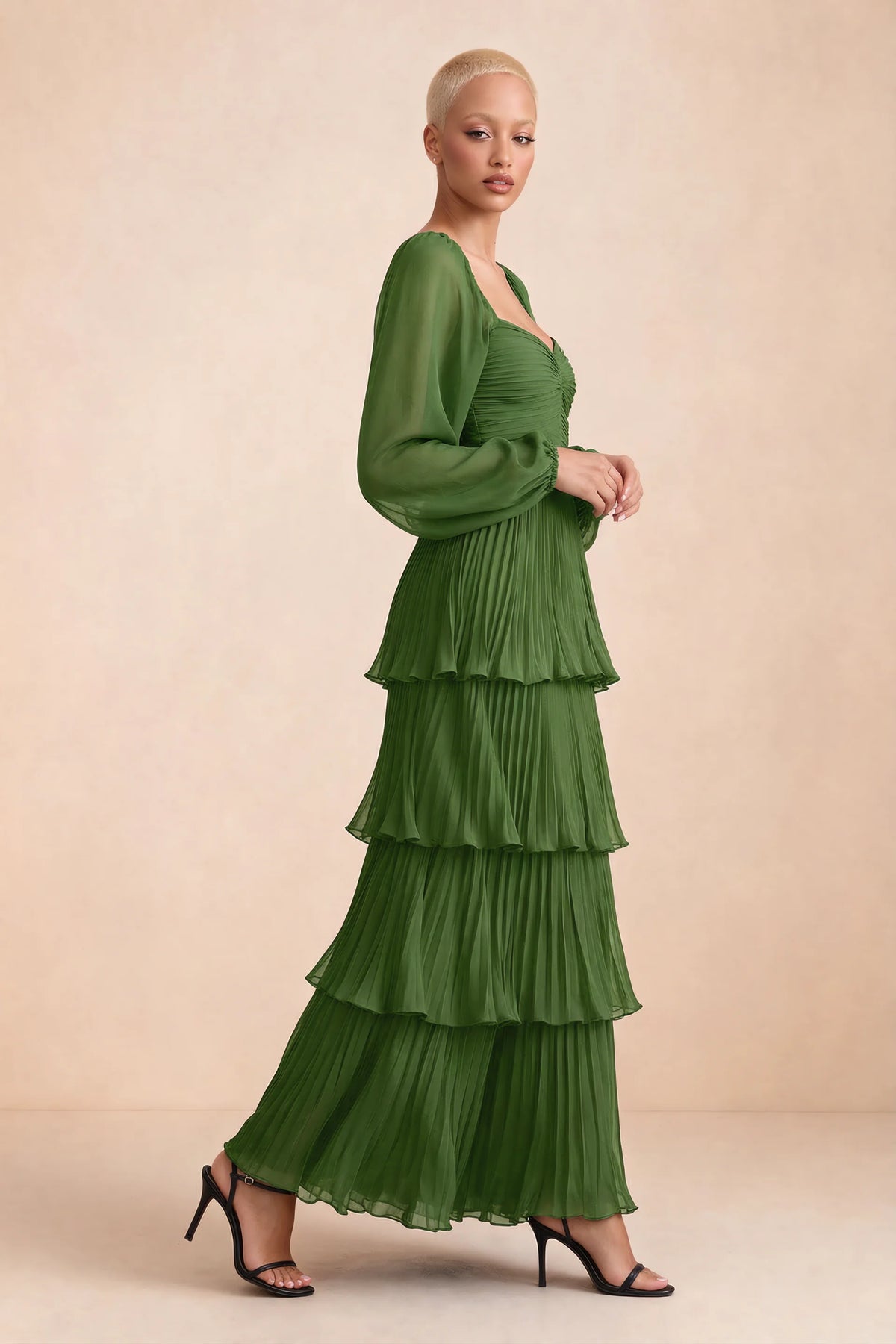 Alternate front studio view of Sienna basil tiered pleated maxi dress with a long flowing skirt