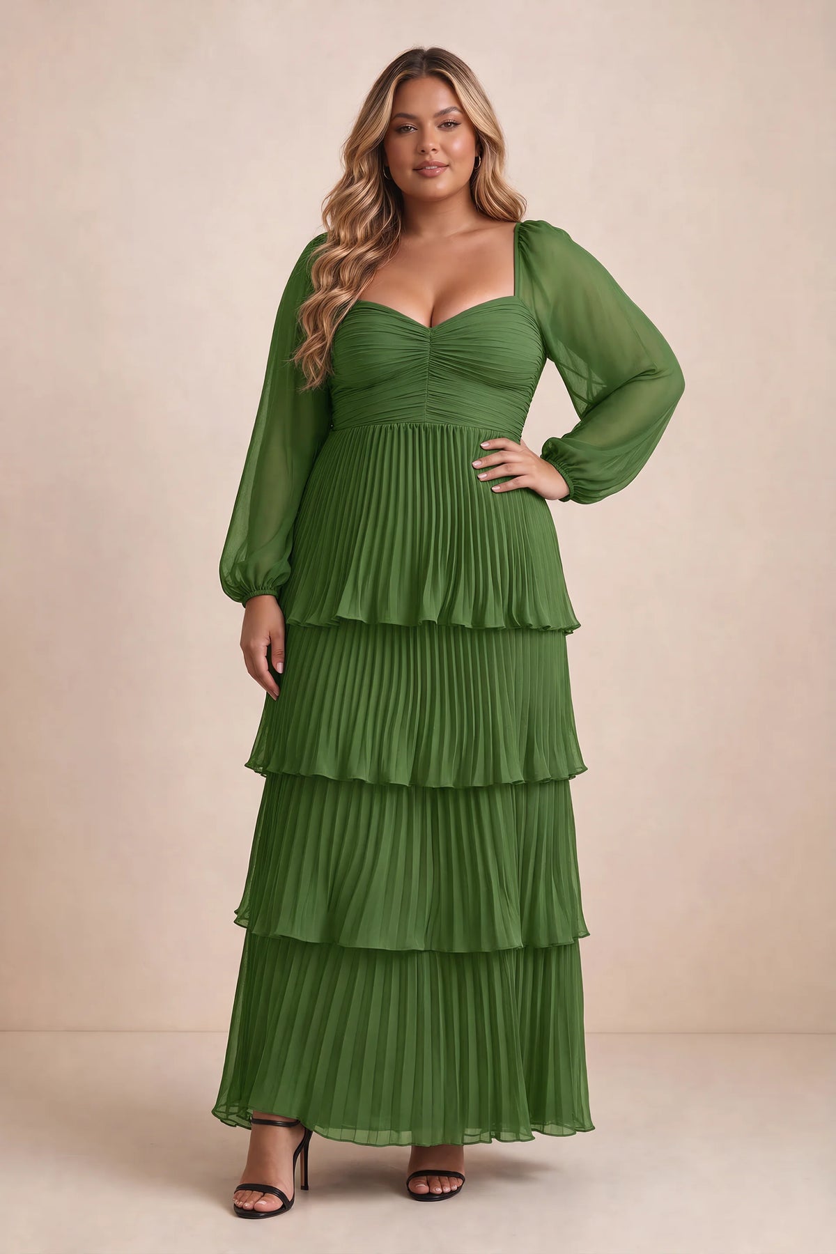 Front view on a second model of Sienna basil tiered pleated maxi dress with a long flowing skirt