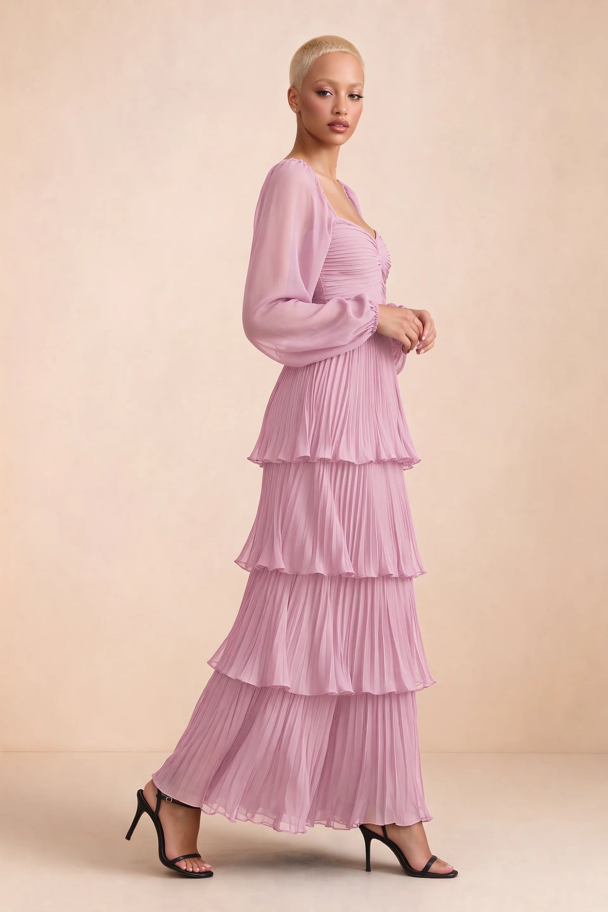 Alternate front studio view of Sienna candy pink tiered pleated maxi dress with a long flowing skirt