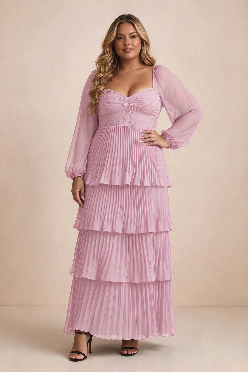 Front view on a second model of Sienna candy pink tiered pleated maxi dress with a long flowing skirt