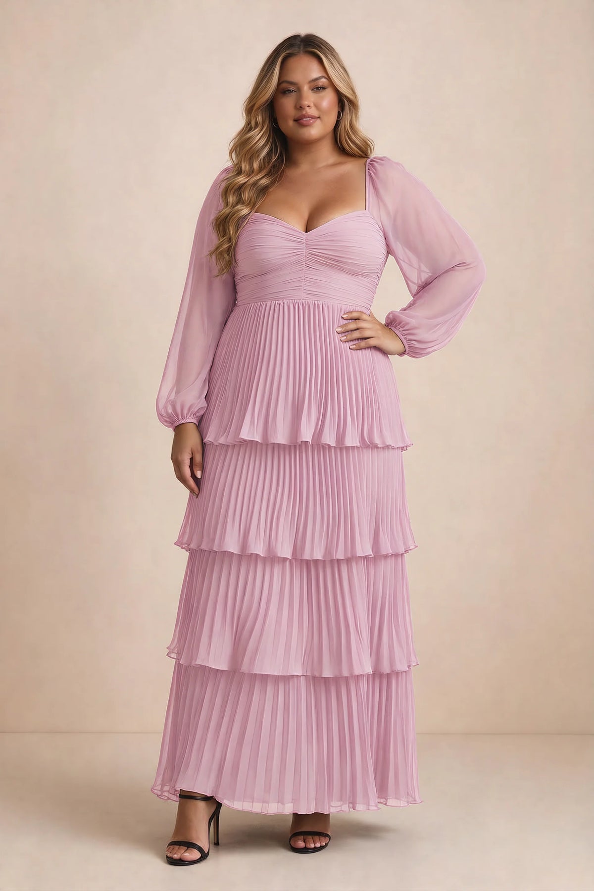 Front view on a second model of Sienna candy pink tiered pleated maxi dress with a long flowing skirt