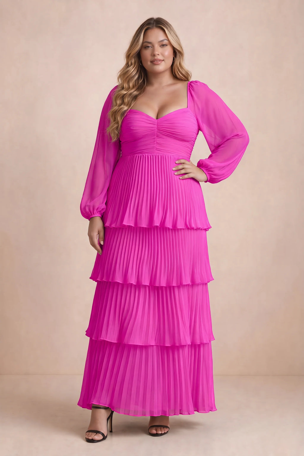 Front view on a second model of Sienna fuchsia tiered pleated maxi dress with a long flowing skirt