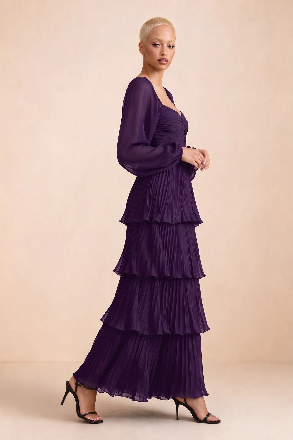 Alternate front studio view of Sienna grape tiered pleated maxi dress with a long flowing skirt
