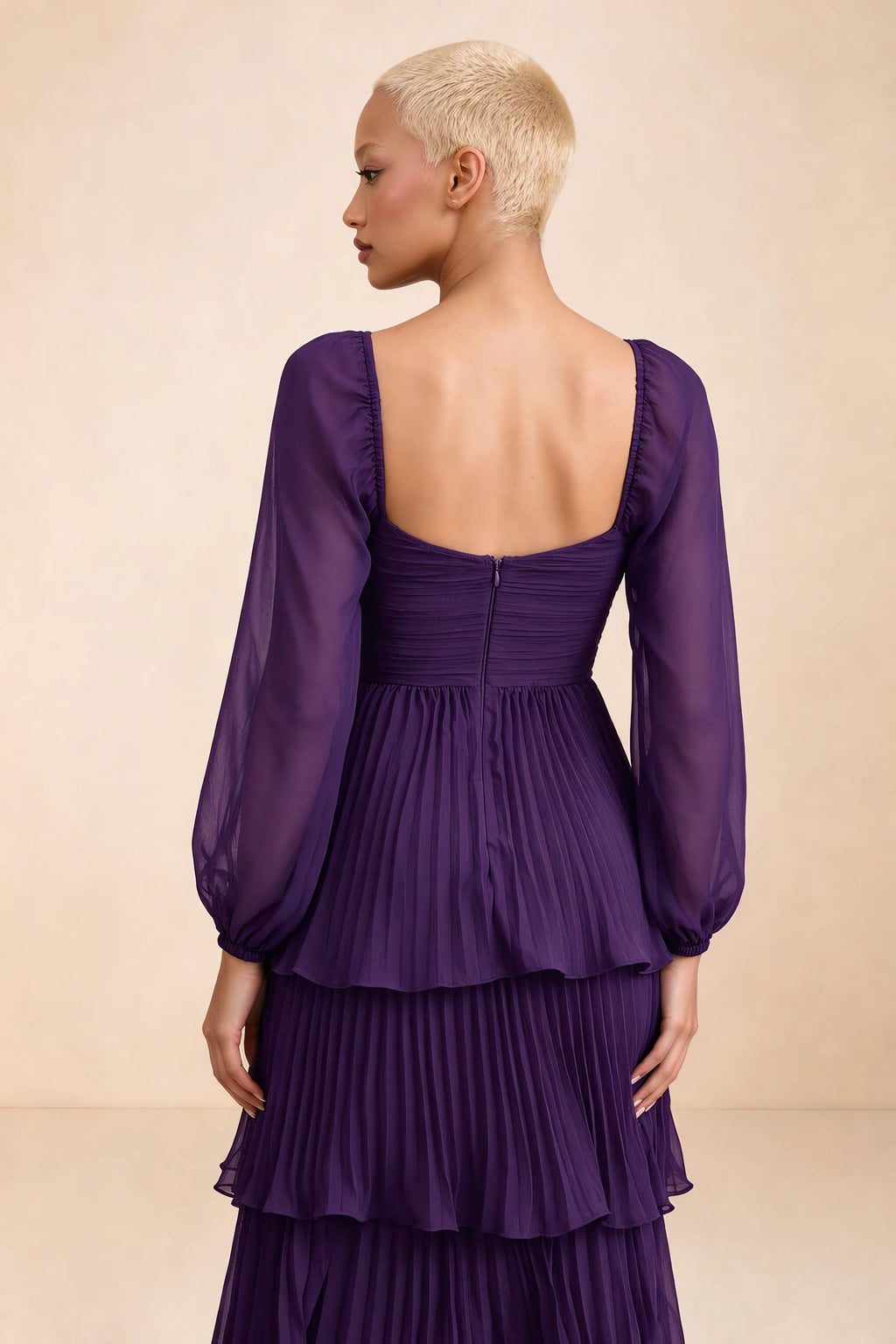 Close-up of low square back, sheer sleeves and centre-back zipper of Sienna grape tiered pleated maxi dress