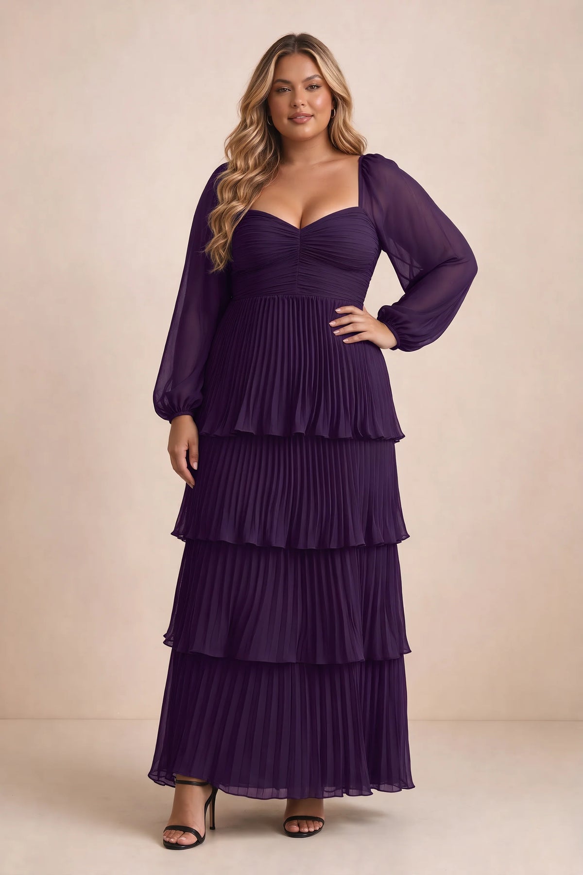 Front view on a second model of Sienna grape tiered pleated maxi dress with a long flowing skirt