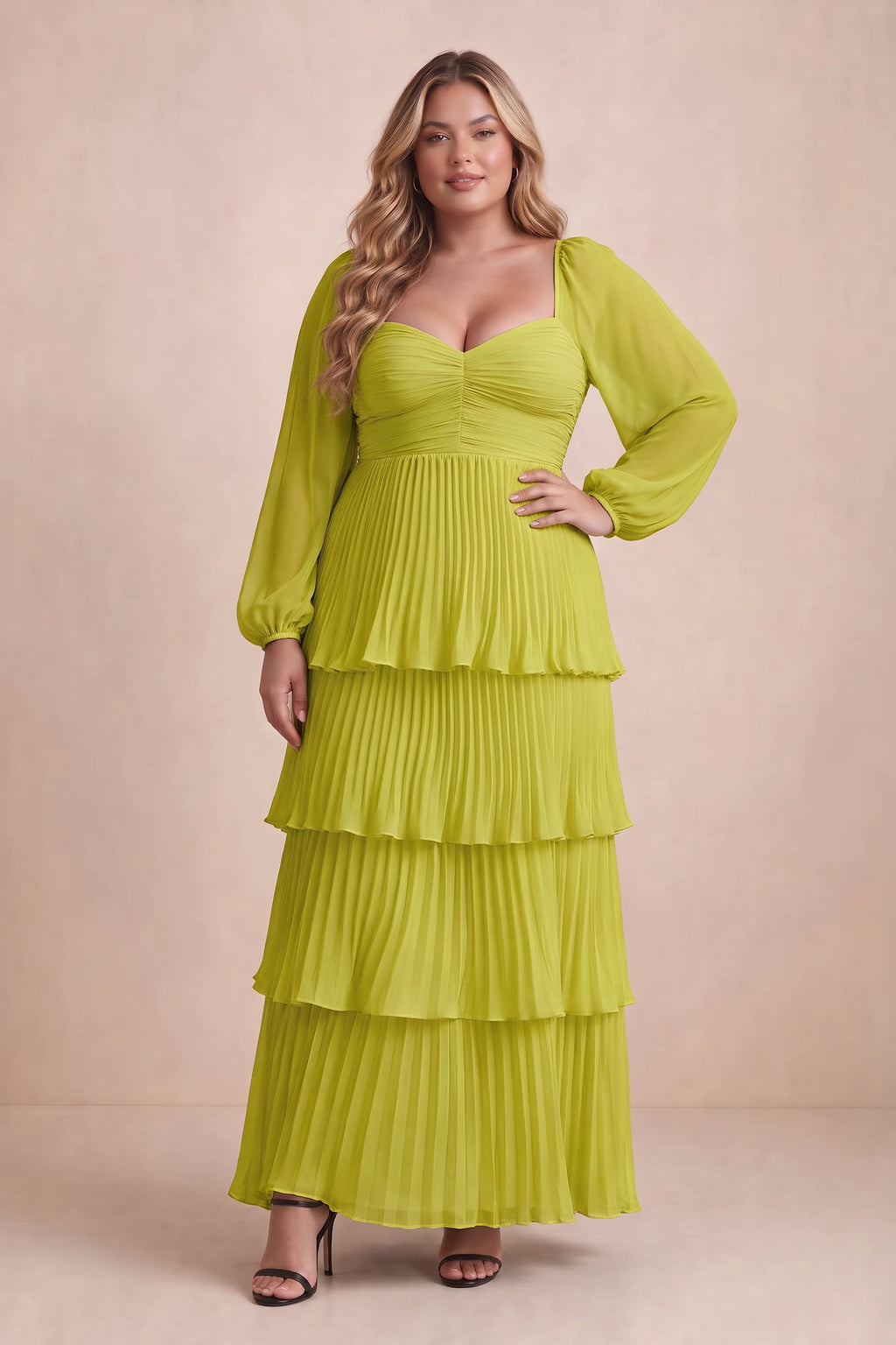 Front view on a second model of Sienna lemon green tiered pleated maxi dress with a long flowing skirt