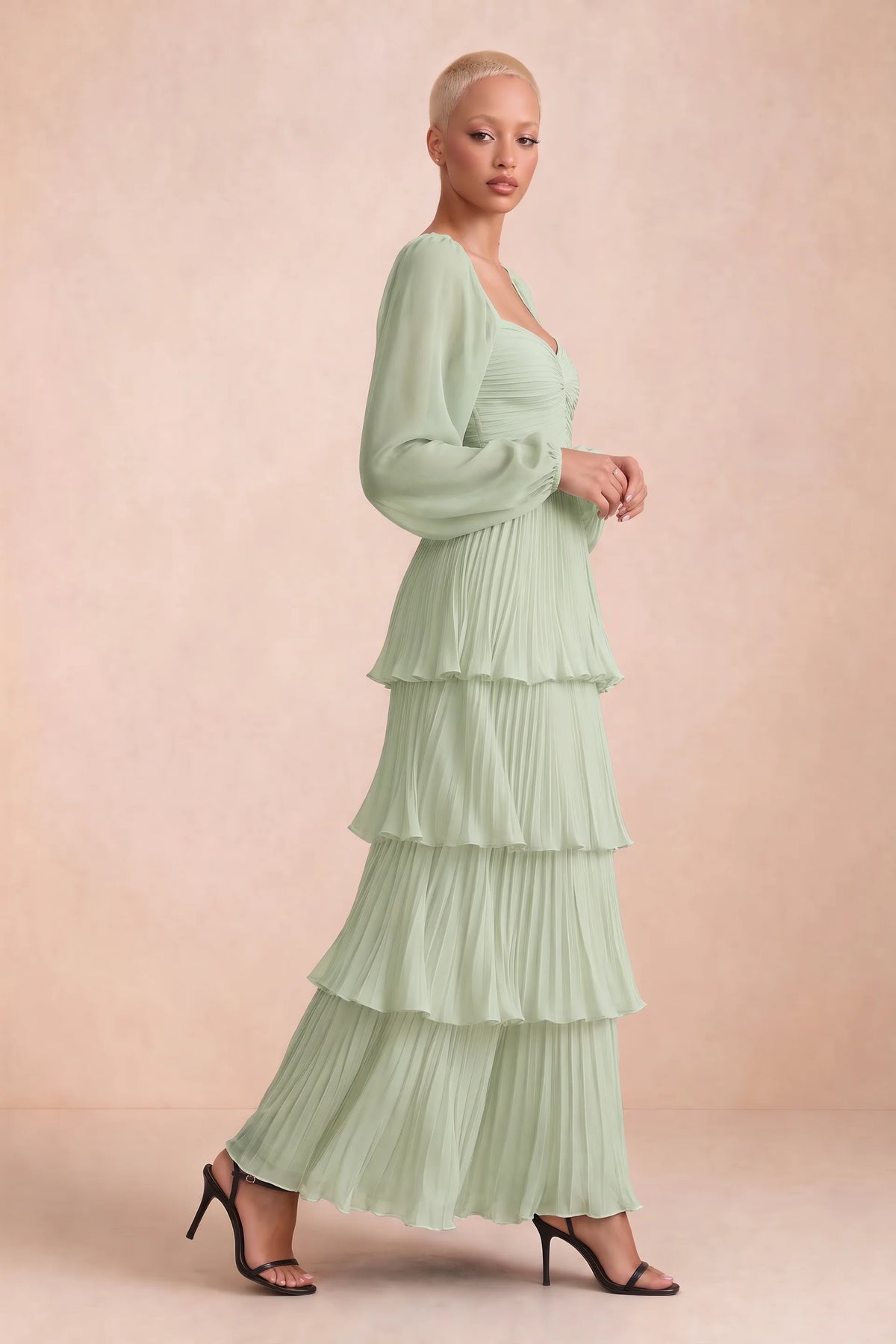 Alternate front studio view of Sienna light green tiered pleated maxi dress with a long flowing skirt