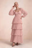 Front studio view of Sienna light pink tiered pleated maxi dress with a long flowing skirt
