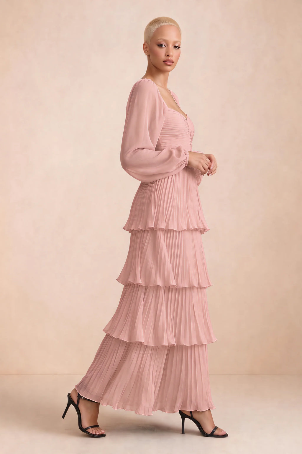 Alternate front studio view of Sienna light pink tiered pleated maxi dress with a long flowing skirt