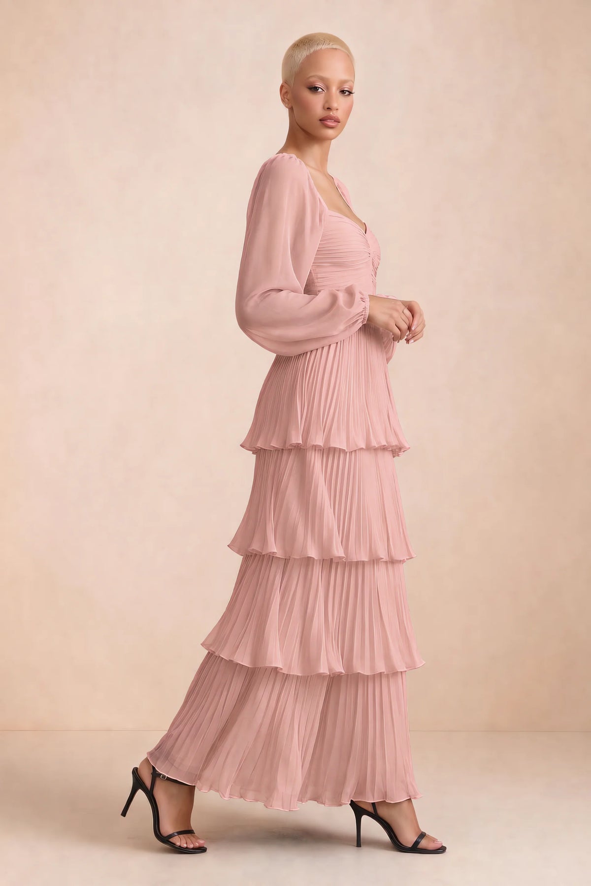Alternate front studio view of Sienna light pink tiered pleated maxi dress with a long flowing skirt