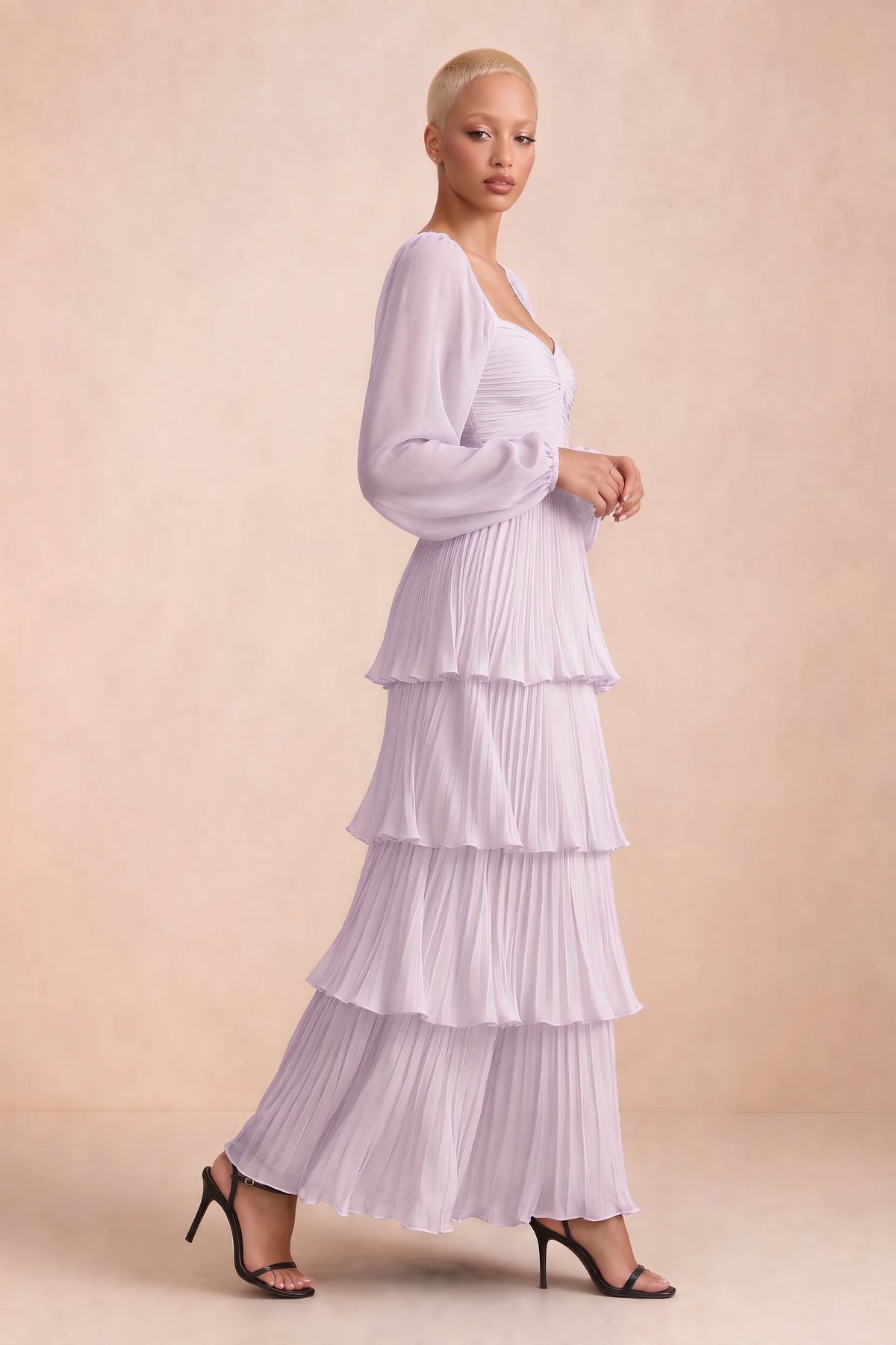 Alternate front studio view of Sienna lilac tiered pleated maxi dress with a long flowing skirt
