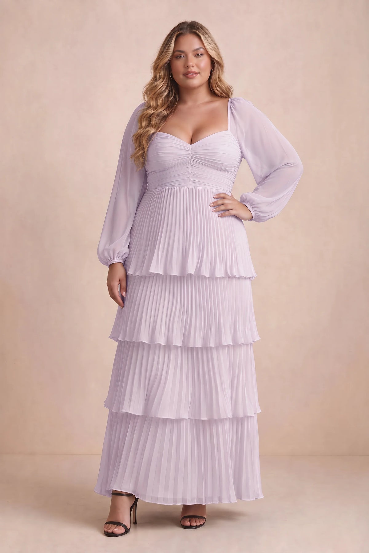 Front view on a second model of Sienna lilac tiered pleated maxi dress with a long flowing skirt