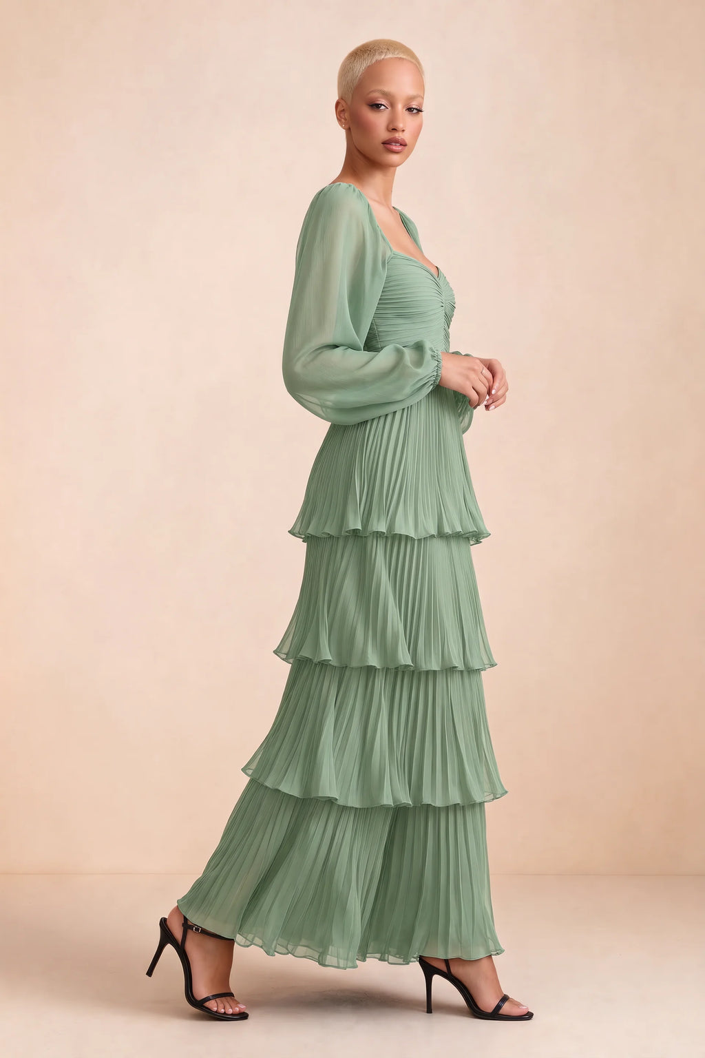Alternate front studio view of Sienna matcha green tiered pleated maxi dress with a long flowing skirt