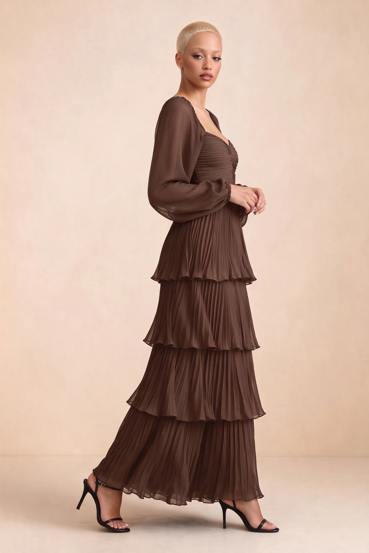 Alternate front studio view of Sienna mocha tiered pleated maxi dress with a long flowing skirt