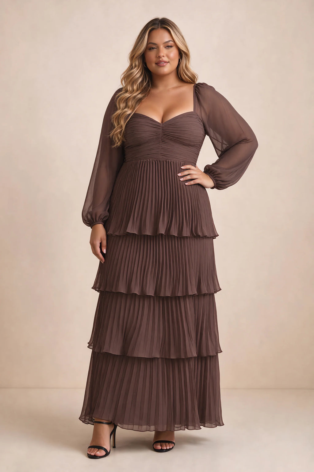 Front view on a second model of Sienna mocha tiered pleated maxi dress with a long flowing skirt