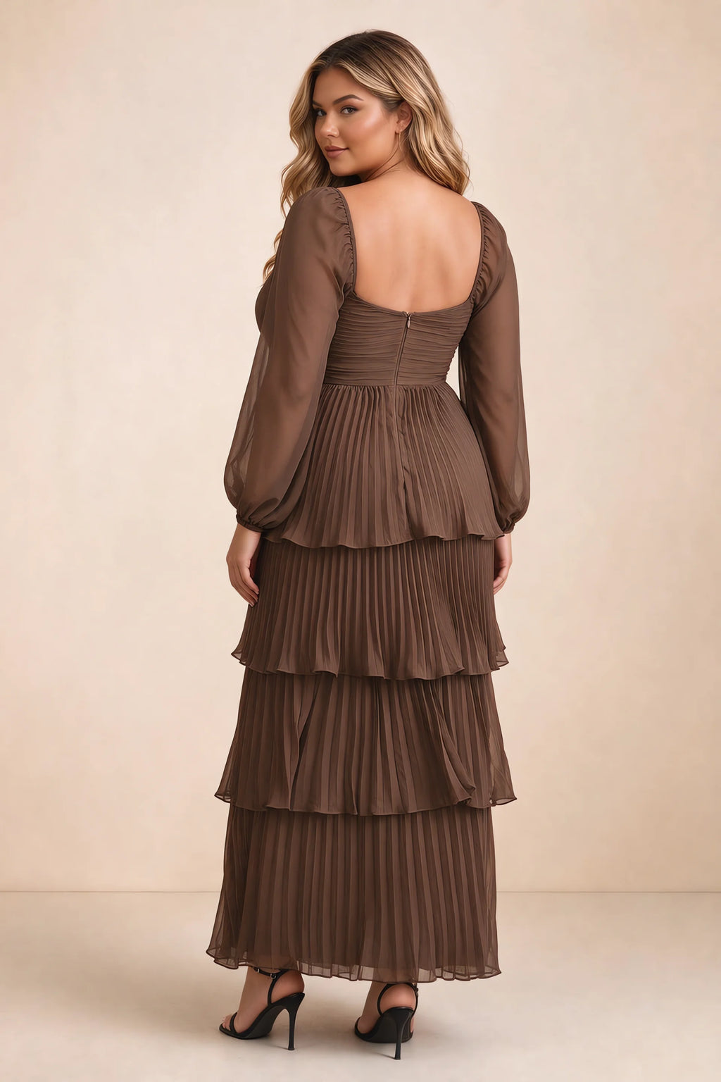 Rear view on a second model of Sienna mocha tiered pleated maxi dress with a long flowing skirt