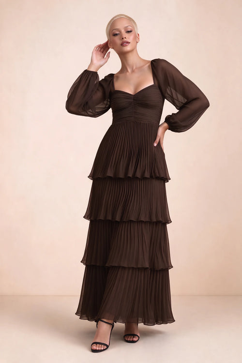 Front studio view of Sienna truffle tiered pleated maxi dress with a long flowing skirt