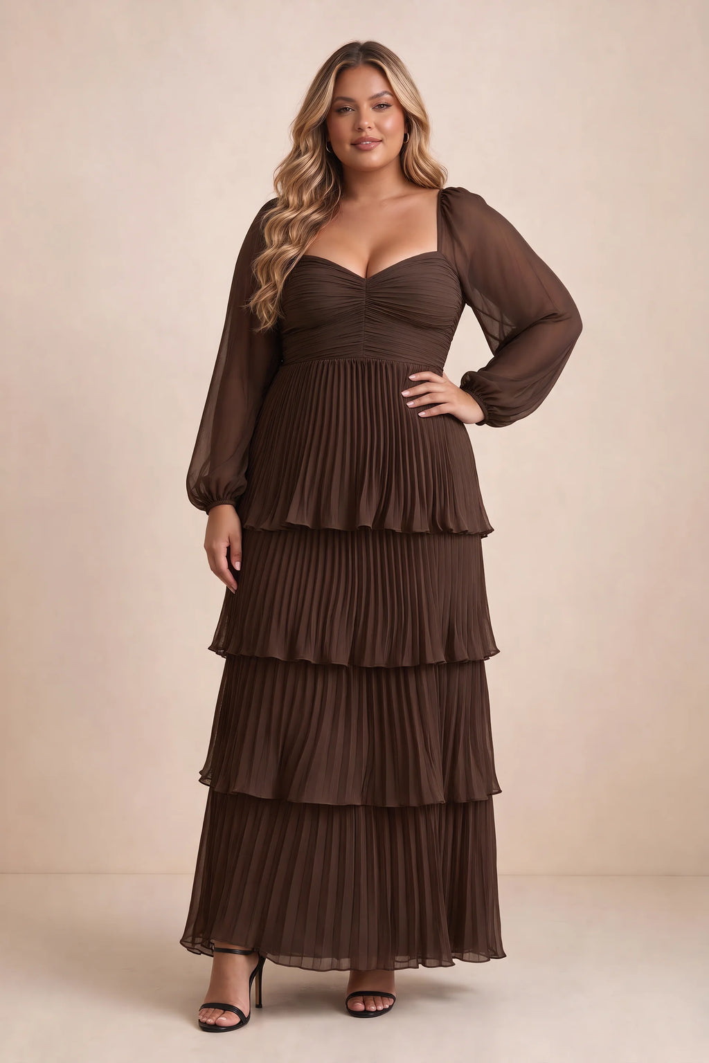 Front view on a second model of Sienna truffle tiered pleated maxi dress with a long flowing skirt