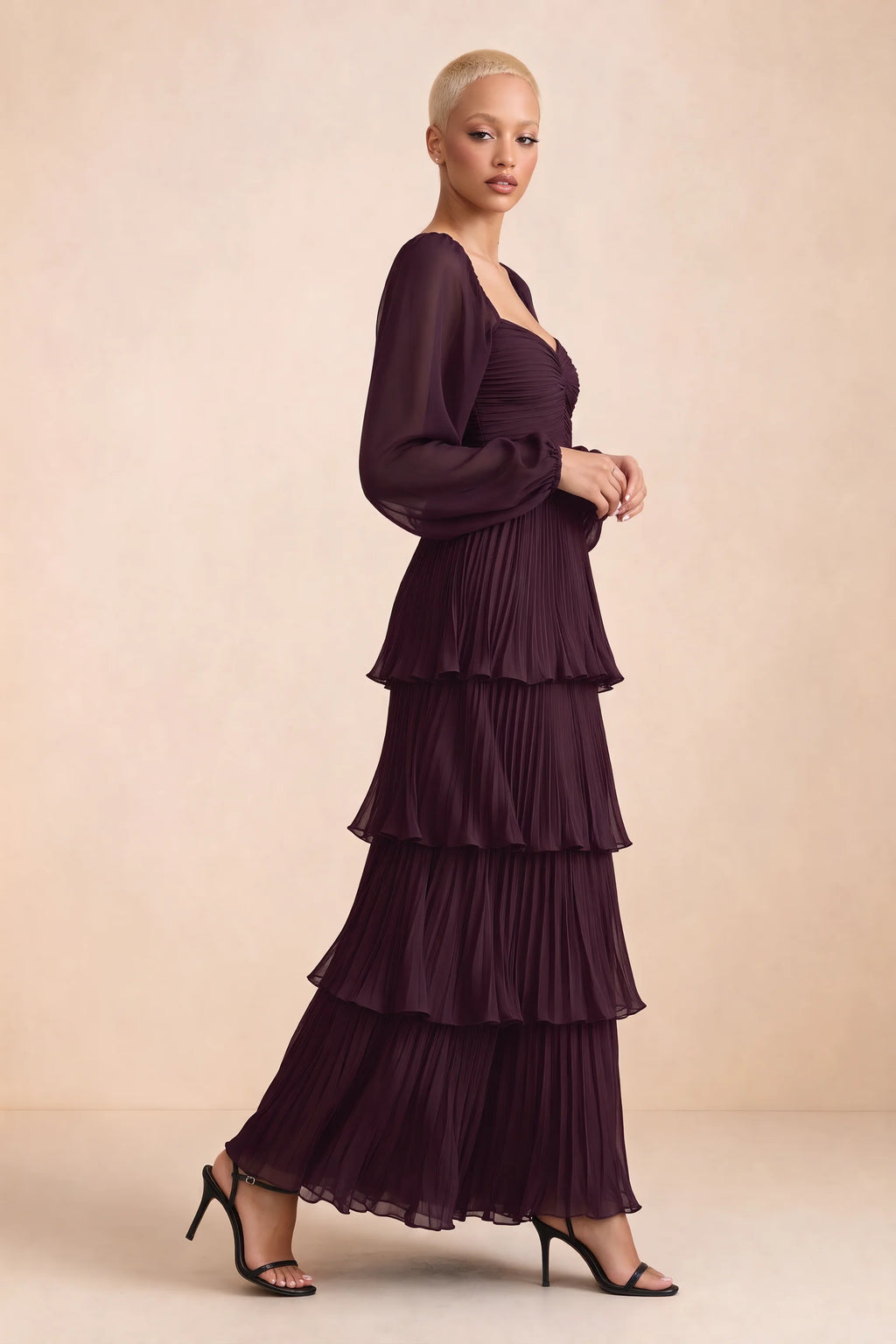 Alternate front studio view of Sienna wine tiered pleated maxi dress with a long flowing skirt